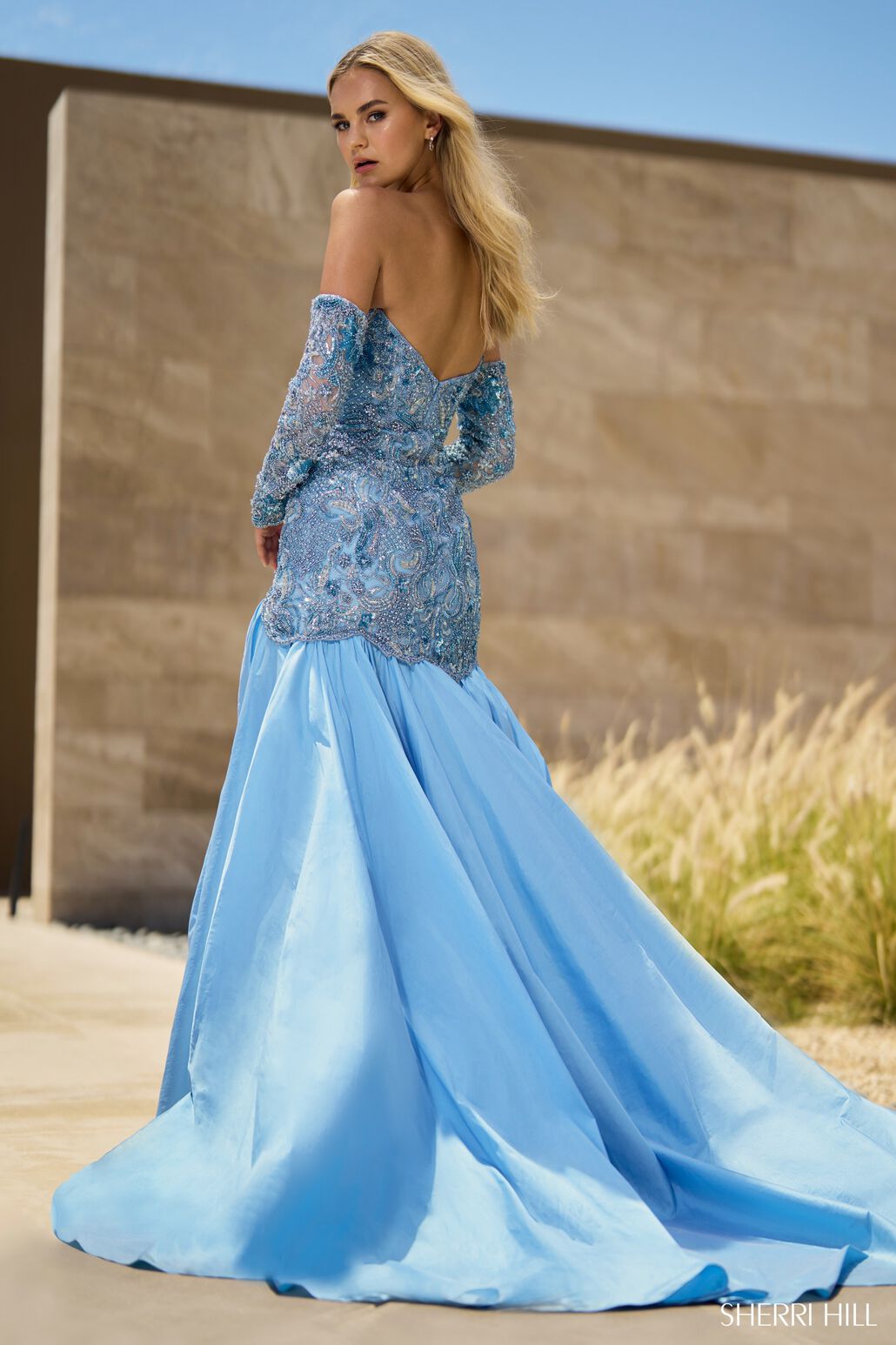 Sherri Hill 55637 prom dress images. Sherri Hill 55637 is available in these colors: Aqua, Chartreuse, Black, Bright Yellow, Blush, Candy Pink, Peacock, Light Blue, Red.