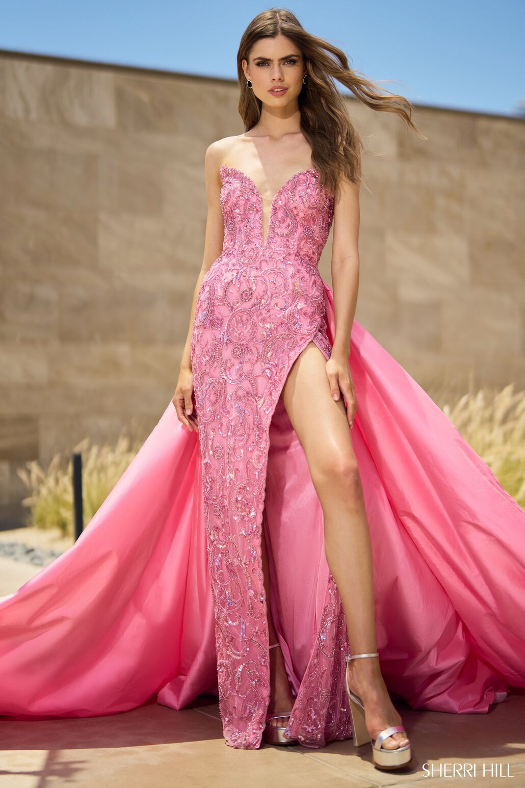 Sherri Hill 55638 prom dress images. Sherri Hill 55638 is available in these colors: Candy Pink, Aqua, Black, Blush, Red, Ivory, Periwinkle, Jade.