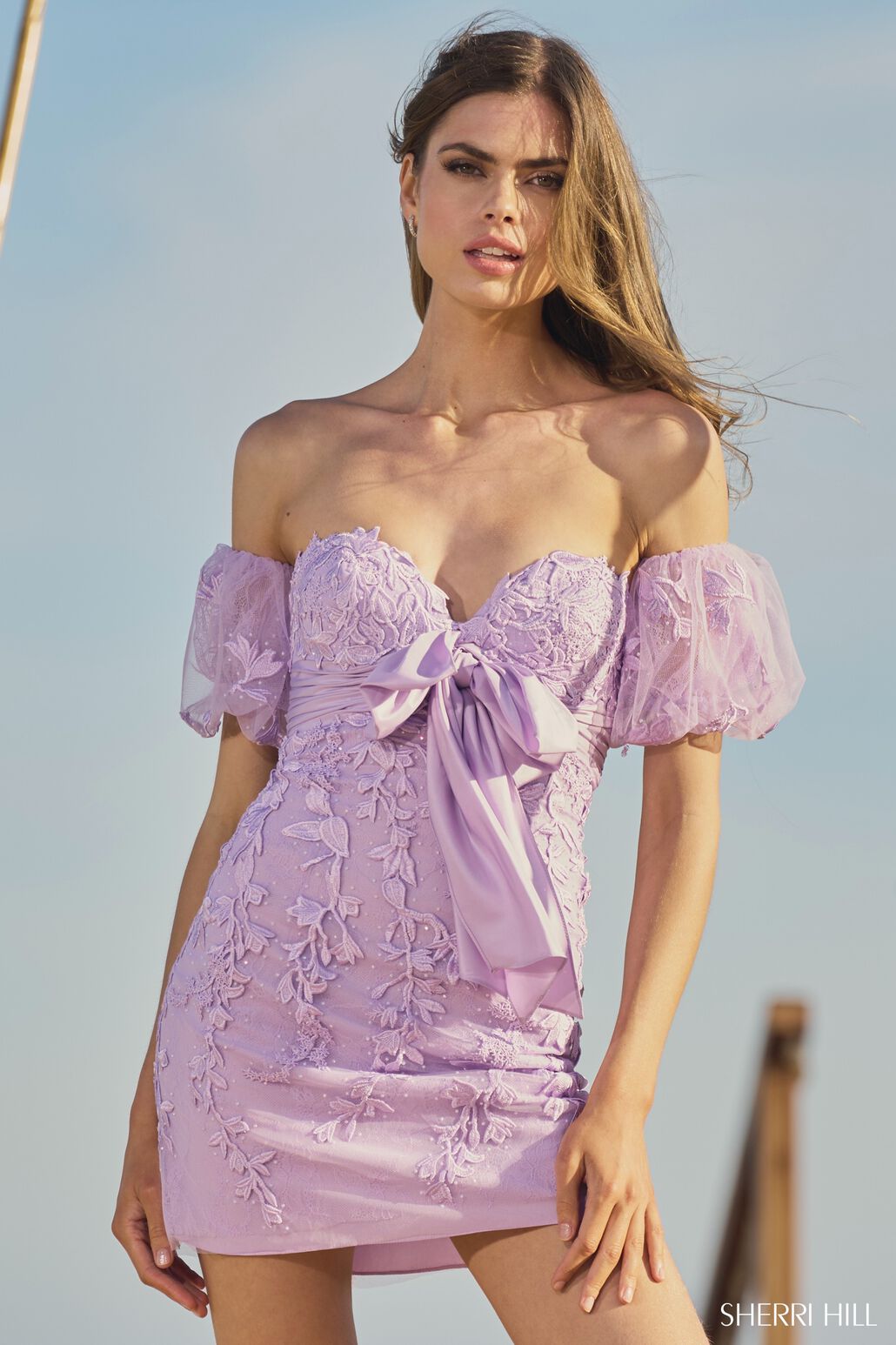 Sherri Hill 55732 prom dress images. Sherri Hill 55732 is available in these colors: Red, Lilac, Light Blue, Bright Pink, Ivory Nude, Navy.