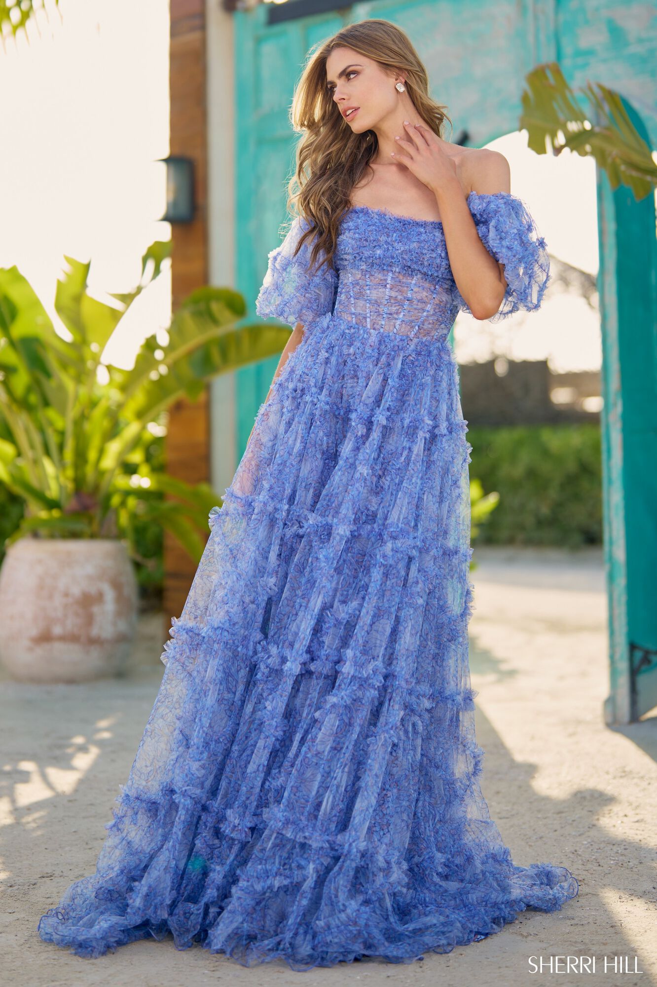 Sherri Hill 55854 prom dress images. Sherri Hill 55854 is available in these colors: Bright Pink Print, Blue Print.