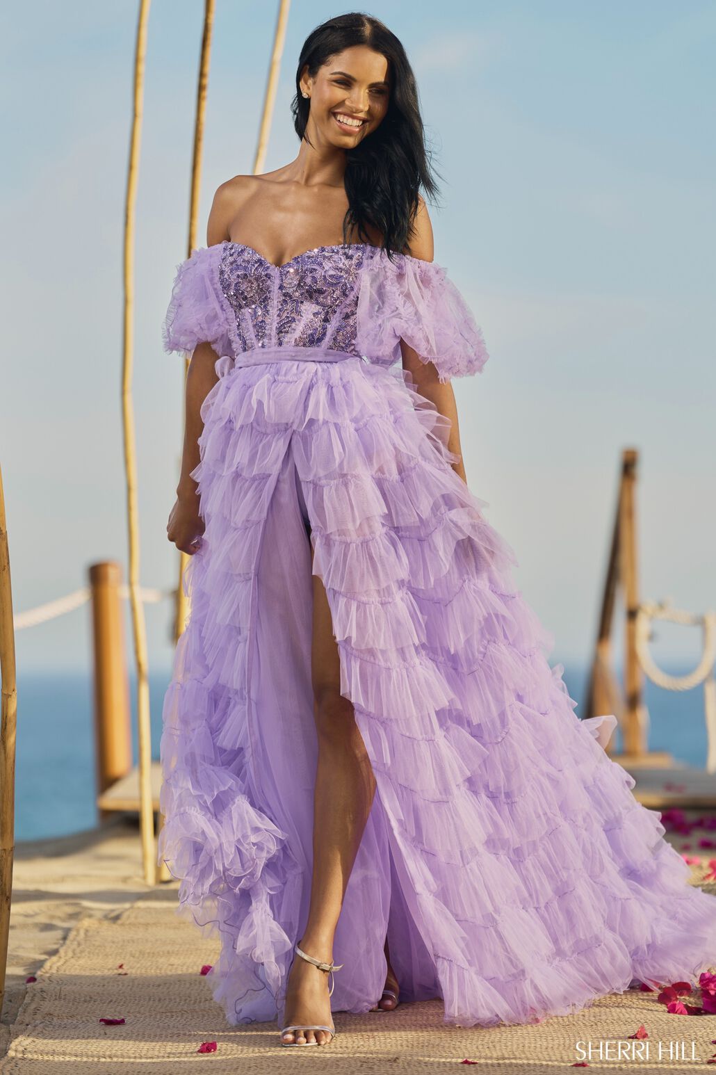 Sherri Hill 55949 prom dress images. Sherri Hill 55949 is available in these colors: Black, Fuchsia, Light Blue, Lilac.