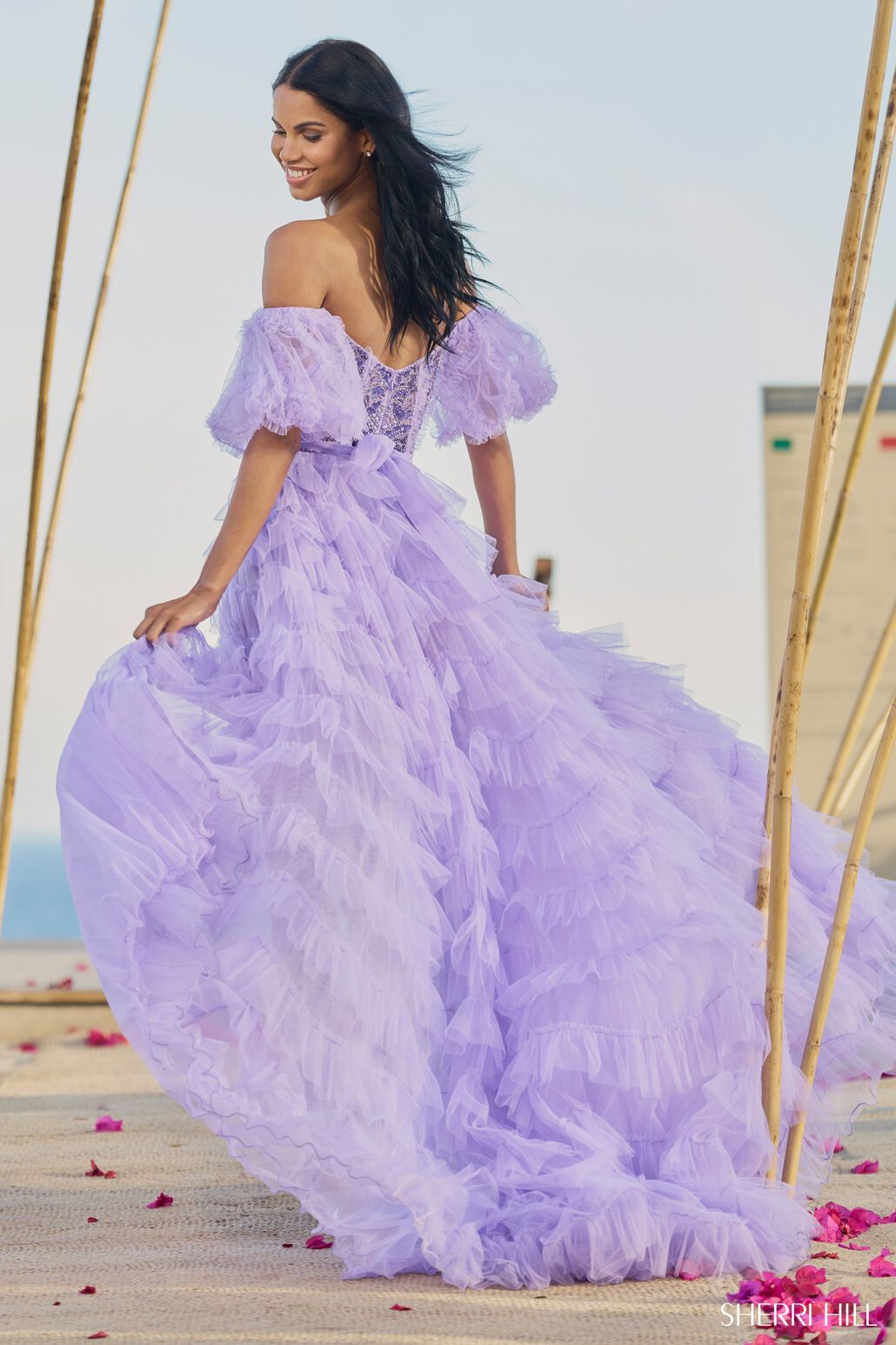 Sherri Hill 55949 prom dress images. Sherri Hill 55949 is available in these colors: Black, Fuchsia, Light Blue, Lilac.