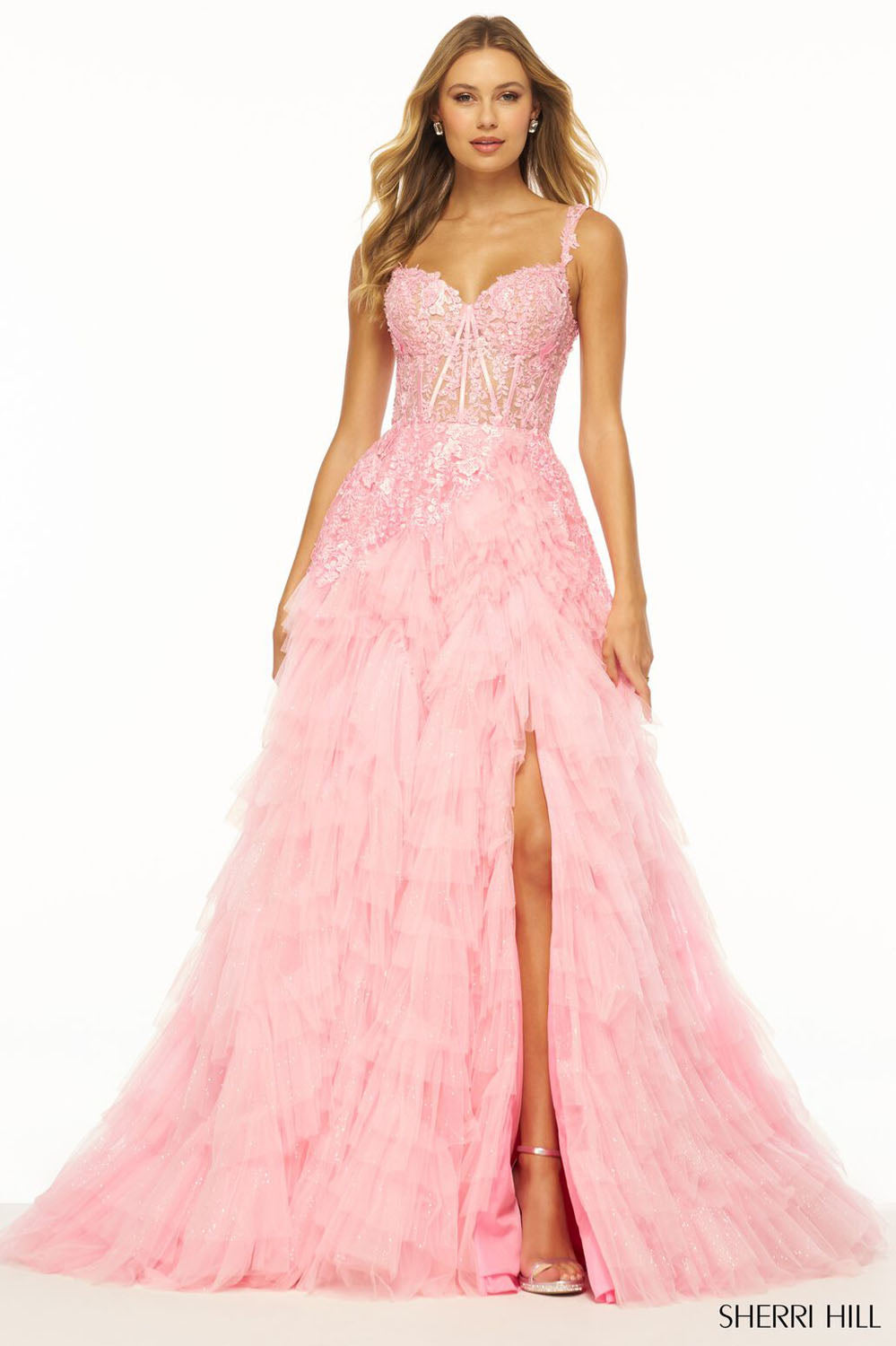 Sherri Hill 56070 prom dress images. Sherri Hill 56070 is available in these colors: Hot Pink, Ivory, Light Pink, Light Champagne, Light Blue.