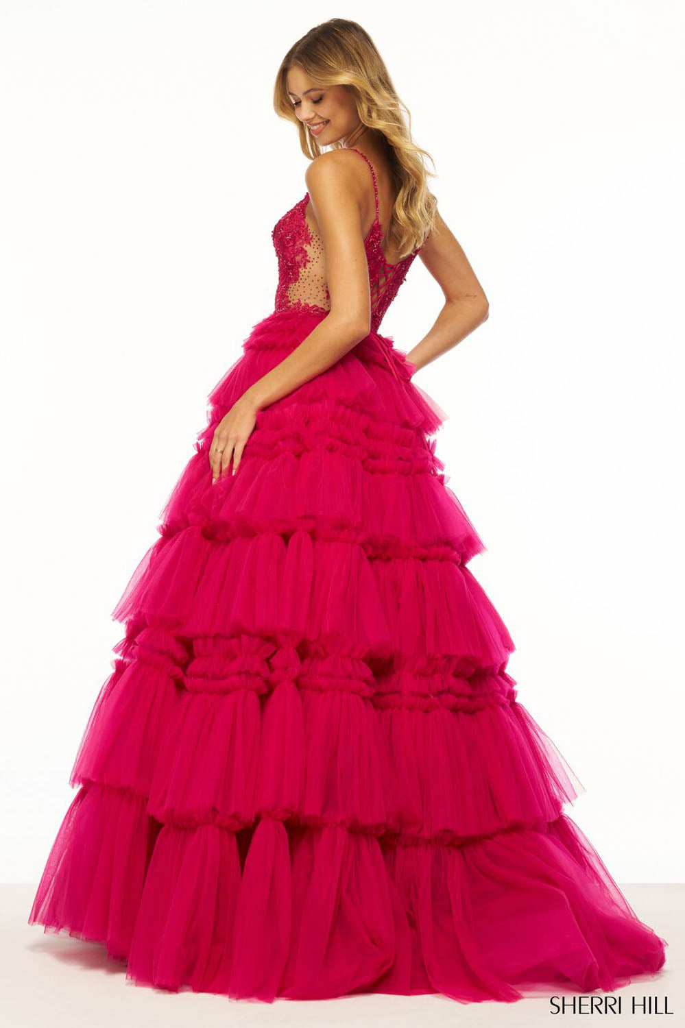 Sherri Hill 56102 prom dress images. Sherri Hill 56102 is available in these colors: Light Blue, Ivory, Pink, Black, Red, Light Champagne, Periwinkle, Lilac, Magenta.