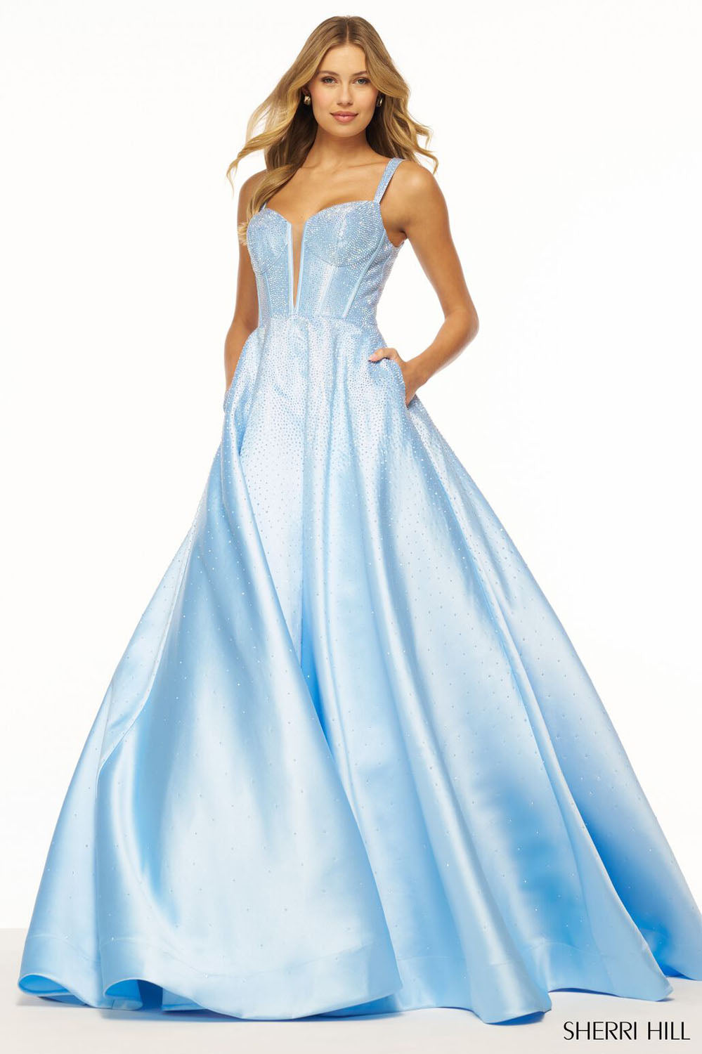 Sherri Hill 56106 prom dress images. Sherri Hill 56106 is available in these colors: Navy, Royal, Magenta, Black, Red, Peacock, Yellow, Emerald, Lilac, Light Blue, Nude Ab.