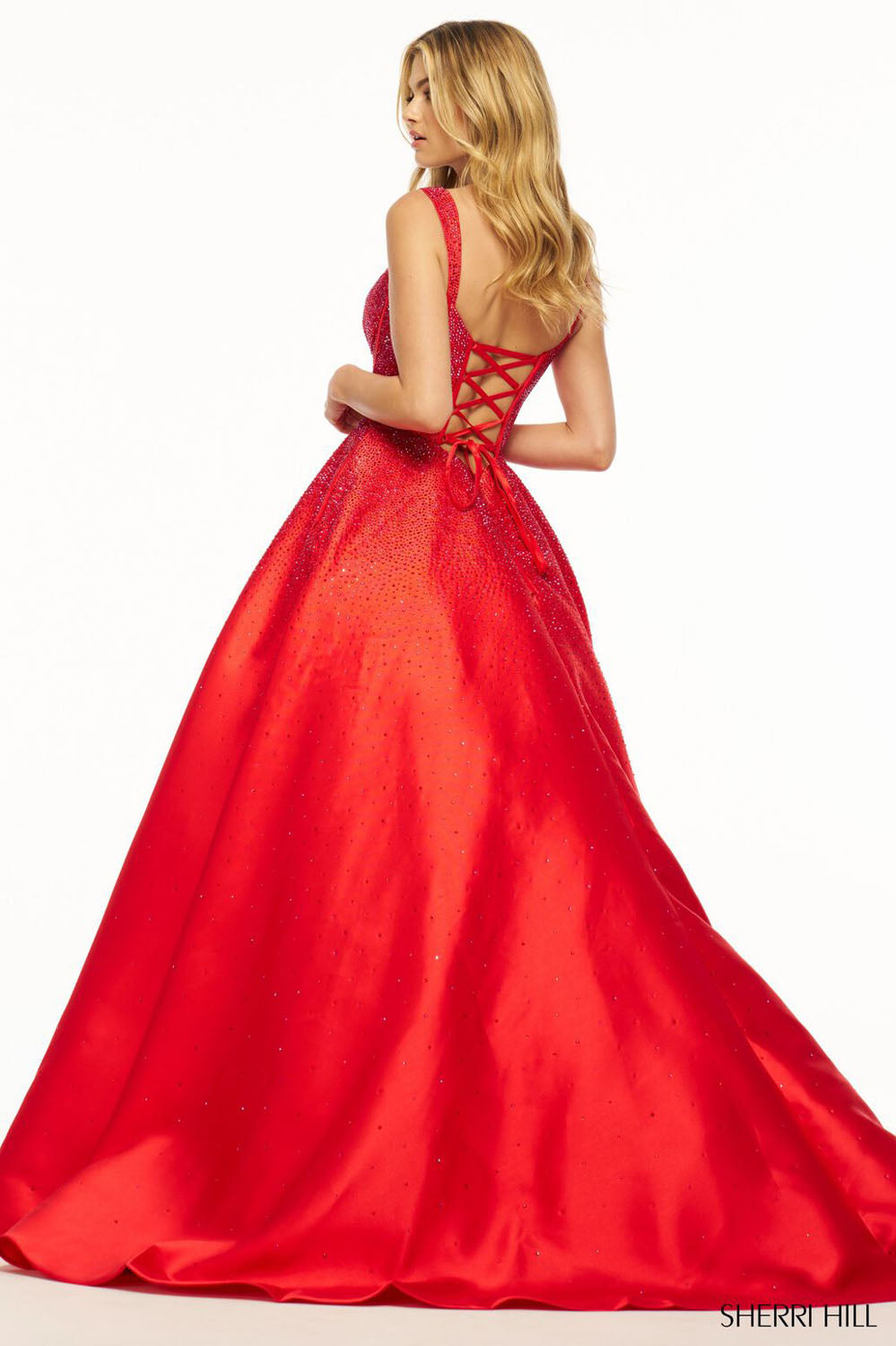 Sherri Hill 56106 prom dress images. Sherri Hill 56106 is available in these colors: Navy, Royal, Magenta, Black, Red, Peacock, Yellow, Emerald, Lilac, Light Blue, Nude Ab.