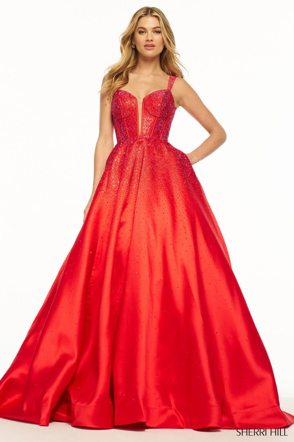 Sherri Hill 56106 prom dress images. Sherri Hill 56106 is available in these colors: Navy, Royal, Magenta, Black, Red, Peacock, Yellow, Emerald, Lilac, Light Blue, Nude Ab.
