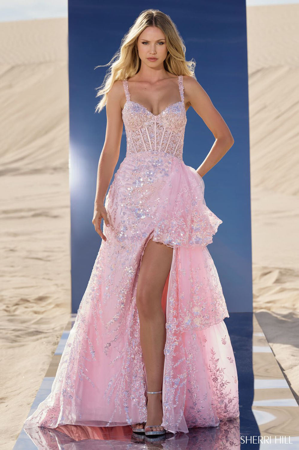 Sherri Hill 56589 prom dress images. Sherri Hill 56589 is available in these colors: Silver, Gold, Black, Blush, Light Blue, Navy, Fuchsia, Peacock.