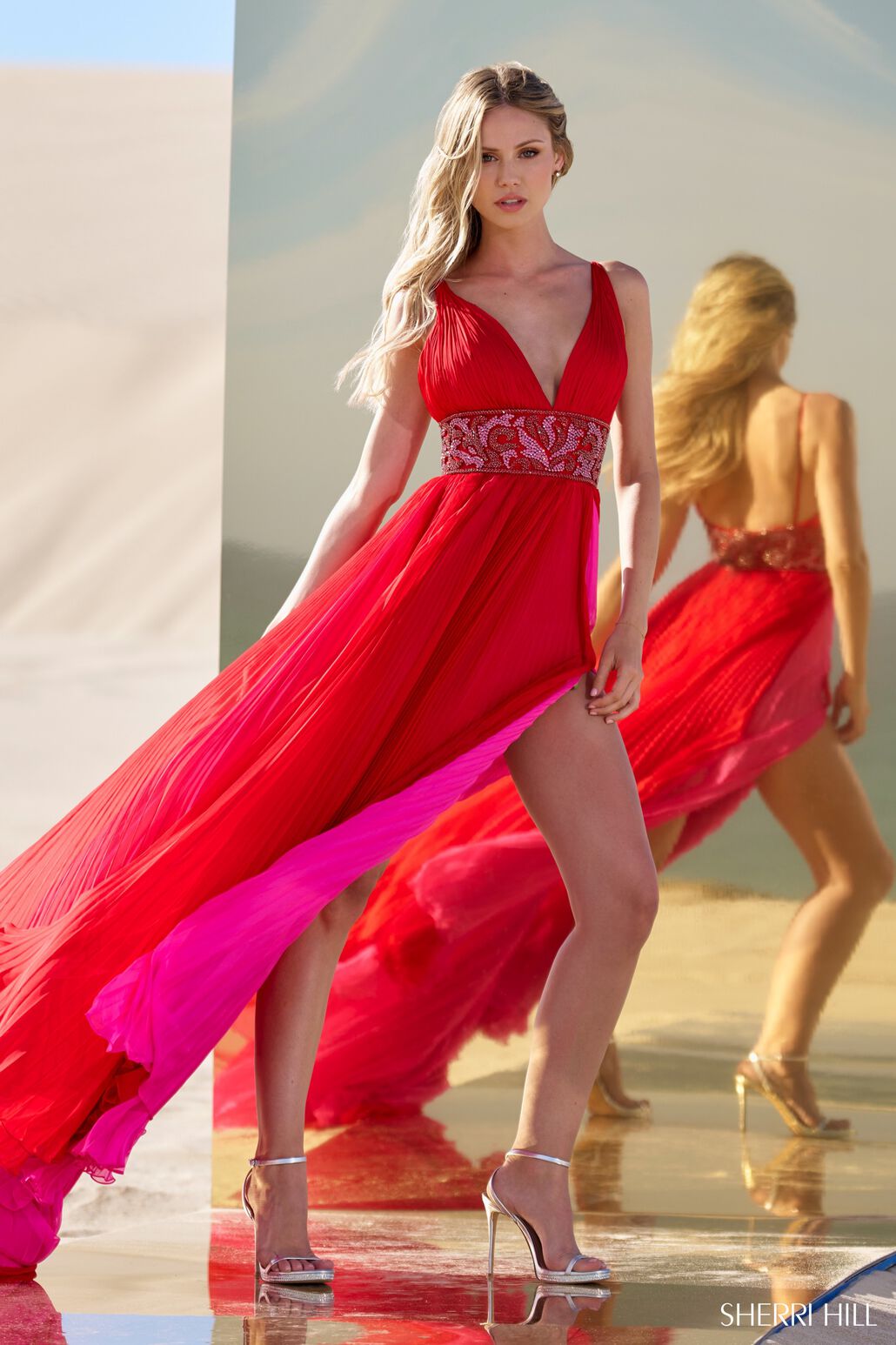 Sherri Hill 56700 prom dress images. Sherri Hill 56700 is available in these colors: Red Fuchsia.