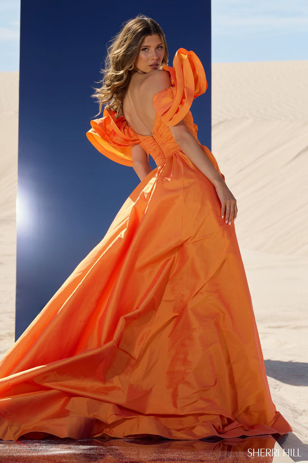 Sherri Hill 56743 prom dress images. Sherri Hill 56743 is available in these colors: Bright Fuchsia, Red, Black, Peacock, Yellow, Chartreuse, Light Orange.