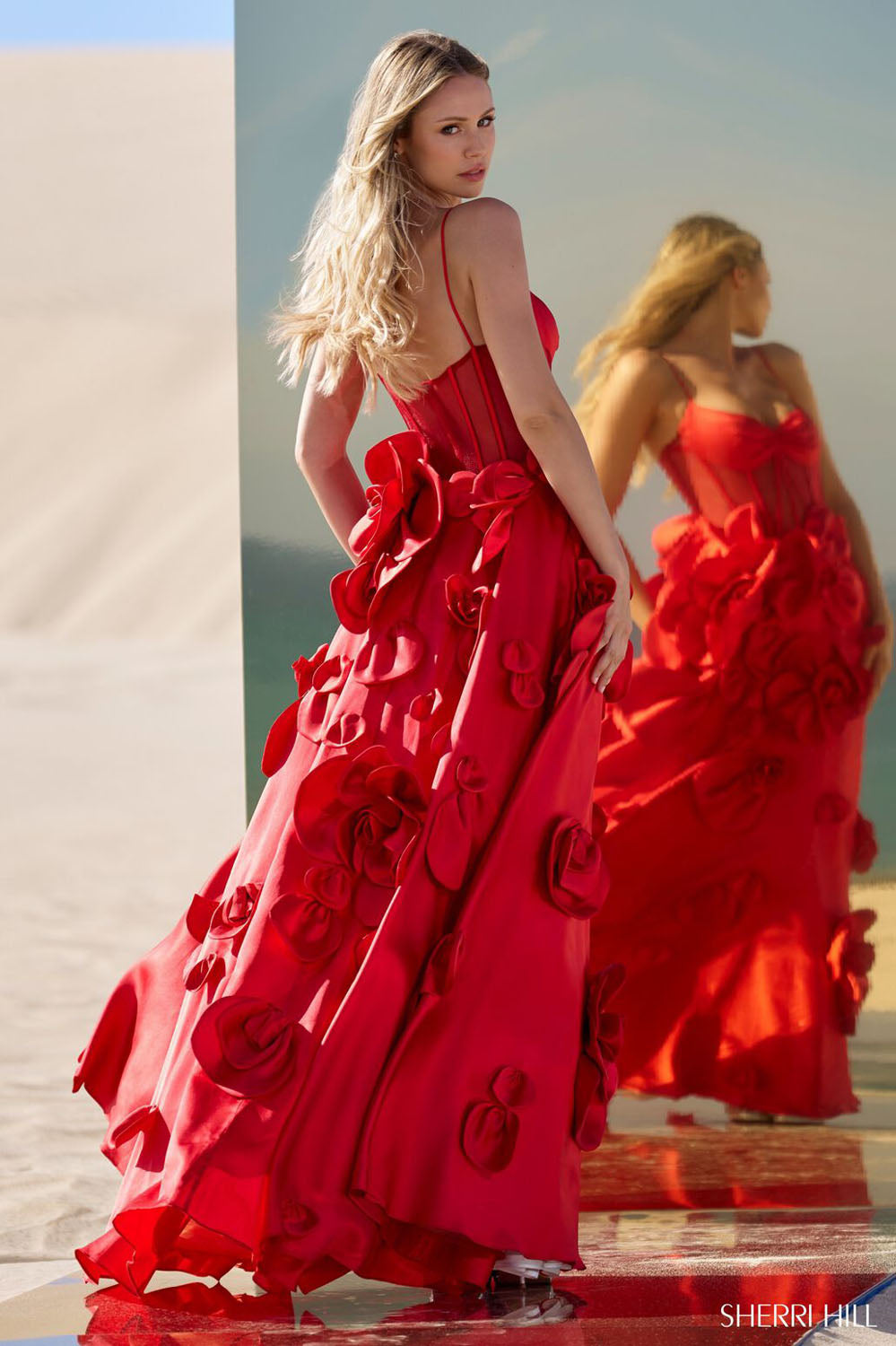 Sherri Hill 56763 prom dress images. Sherri Hill 56763 is available in these colors: Red, Black, Ivory, Light Blue, Navy, Pink, Yellow.