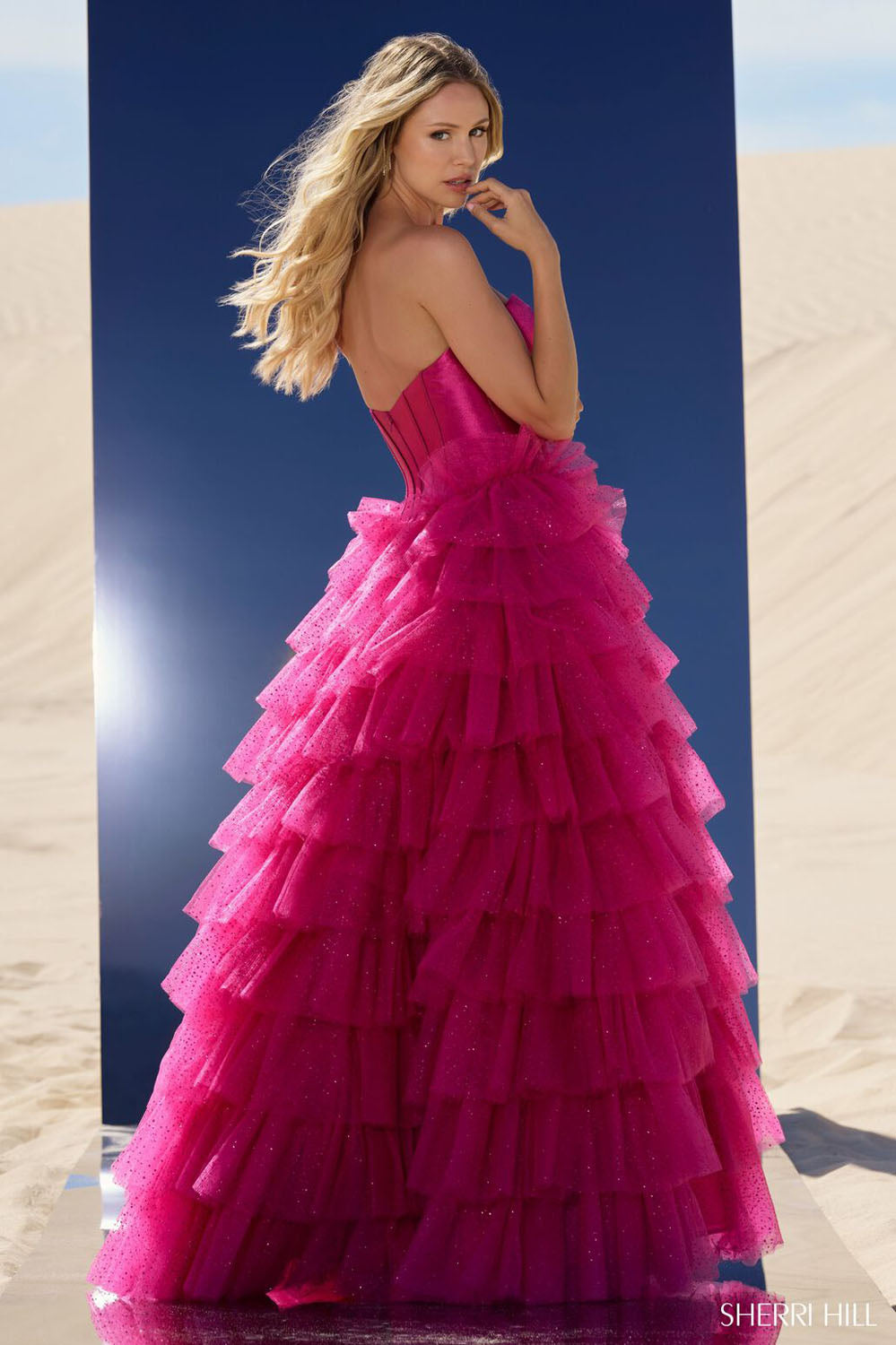 Sherri Hill 56804 prom dress images. Sherri Hill 56804 is available in these colors: Peacock, Navy, Ivory, Red, Black, Fuchsia.
