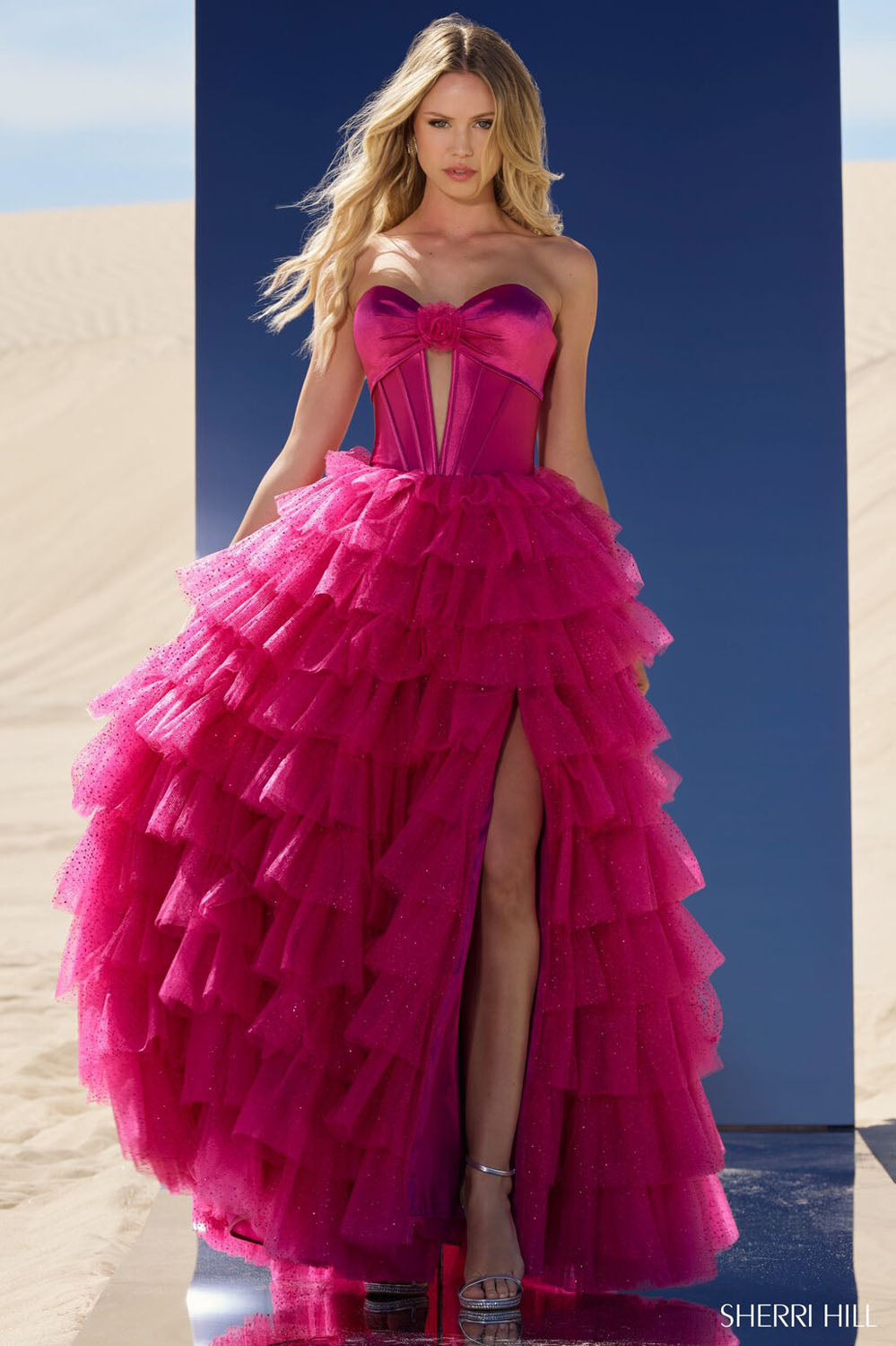 Sherri Hill 56804 prom dress images. Sherri Hill 56804 is available in these colors: Peacock, Navy, Ivory, Red, Black, Fuchsia.