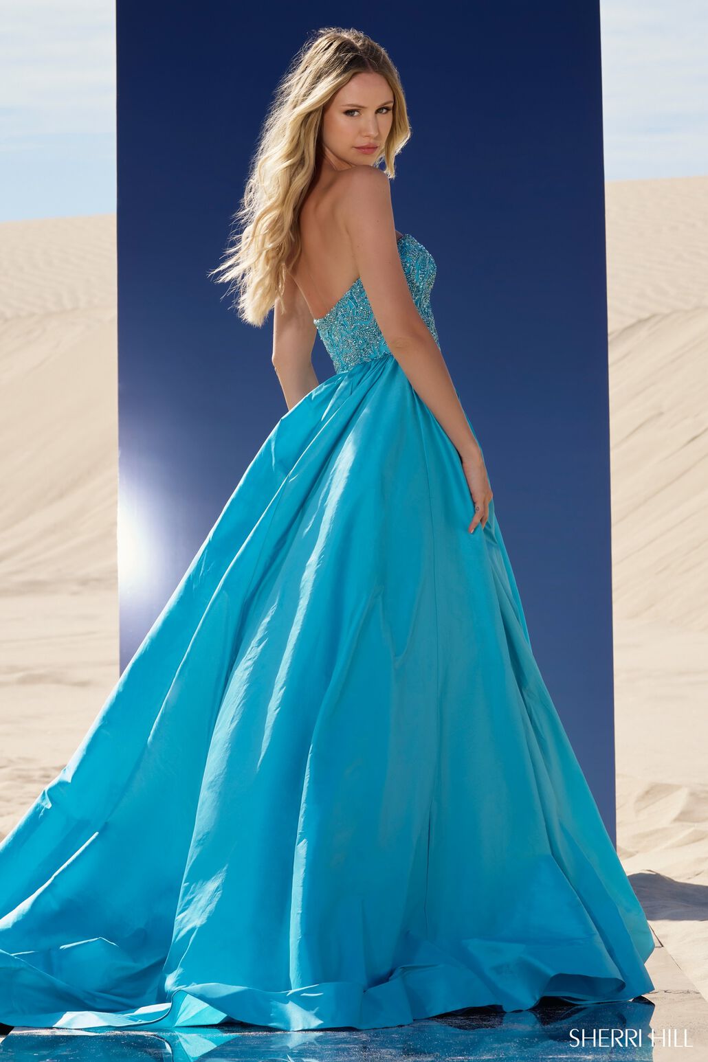 Sherri Hill 56830 prom dress images. Sherri Hill 56830 is available in these colors: Peacock, Red Fuchsia, Periwinkle, Jade, Orange, Yellow, Bright Fuchsia, Aqua.