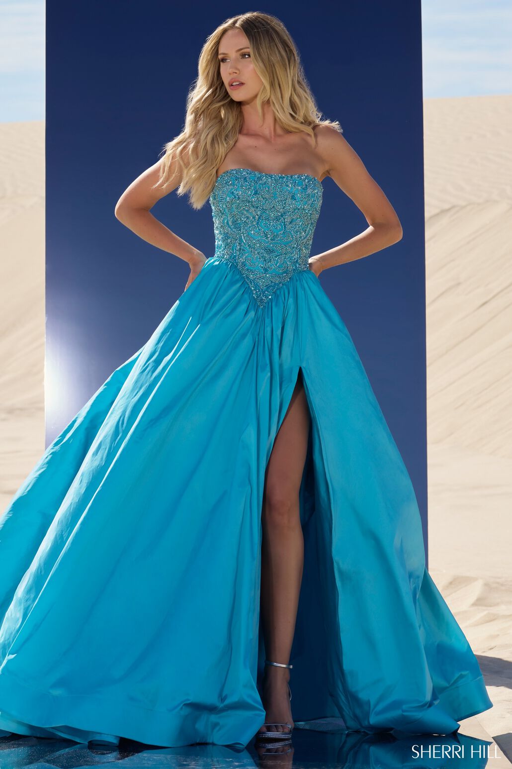 Sherri Hill 56830 prom dress images. Sherri Hill 56830 is available in these colors: Peacock, Red Fuchsia, Periwinkle, Jade, Orange, Yellow, Bright Fuchsia, Aqua.