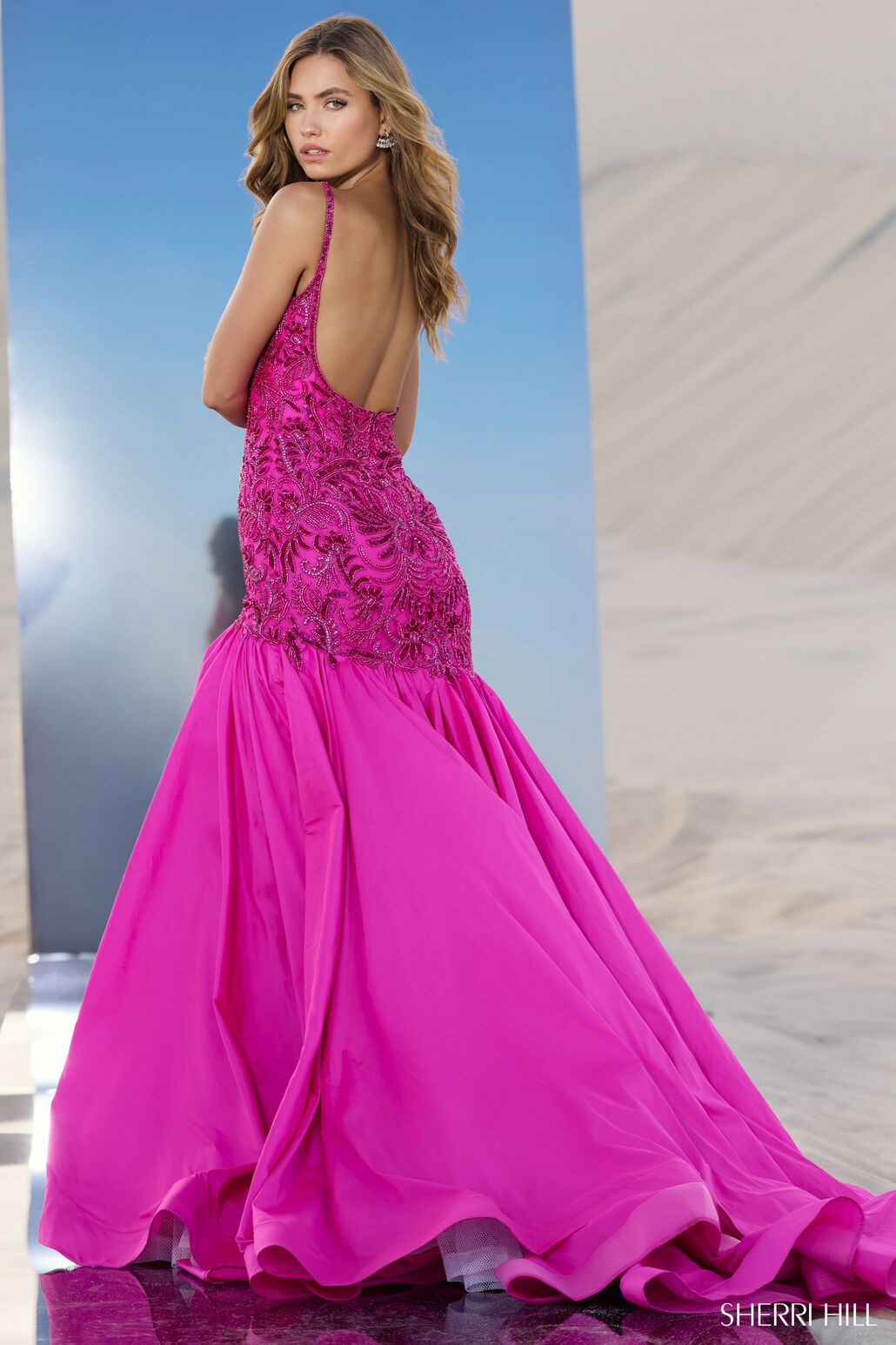 Sherri Hill 56831 prom dress images. Sherri Hill 56831 is available in these colors: Peacock, Periwinkle, Jade, Orange, Aqua, Yellow, Bright Fuchsia.