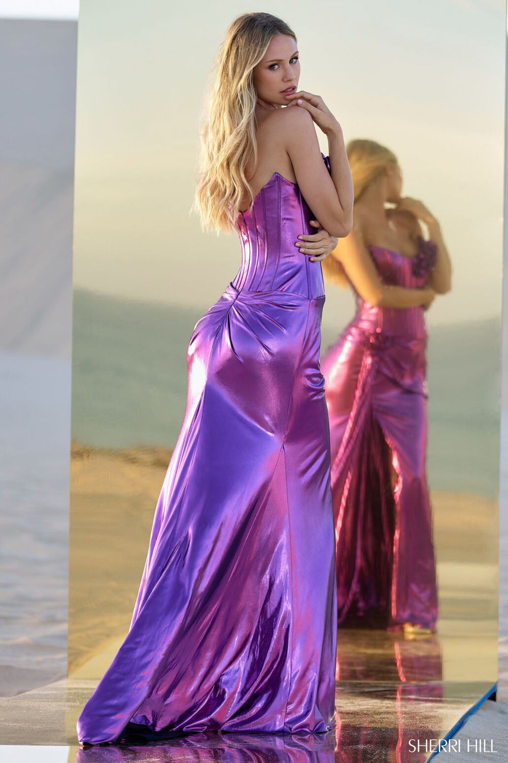 Sherri Hill 56839 prom dress images. Sherri Hill 56839 is available in these colors: Black, Silver, Magenta, Ocean Blue, Gold, Lilac.