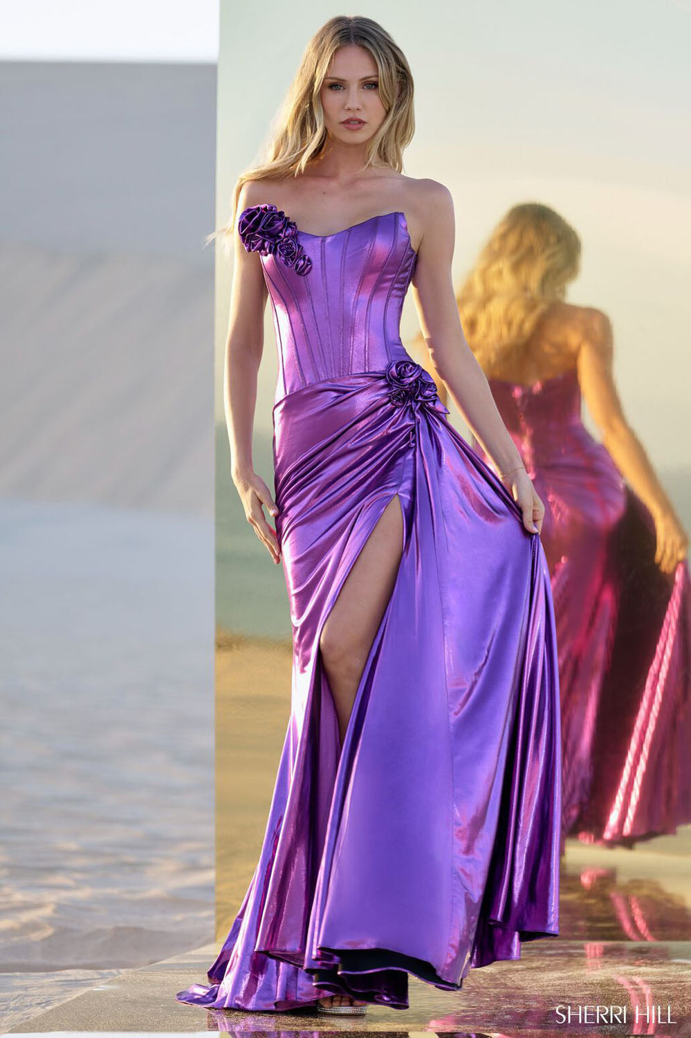 Sherri Hill 56839 prom dress images. Sherri Hill 56839 is available in these colors: Black, Silver, Magenta, Ocean Blue, Gold, Lilac.