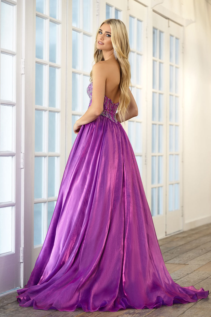 Ava Presley 28588 prom dress images.  Ava Presley 28588 is available in these colors: Coral Pink, Iridescent Purple.