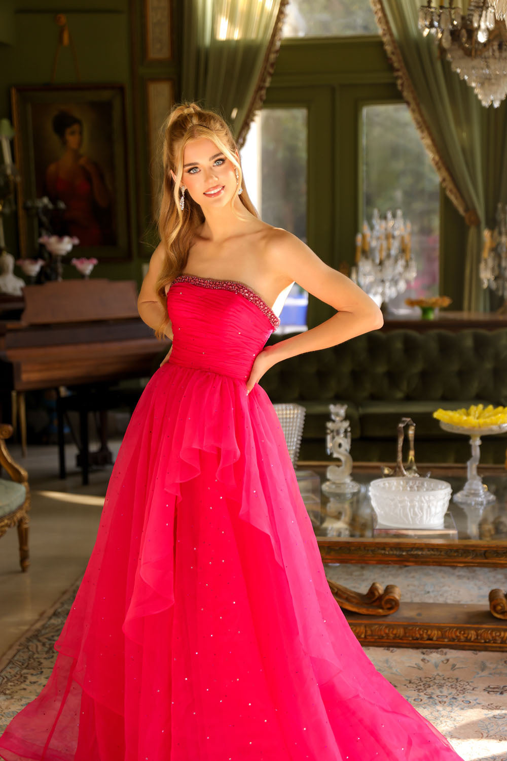 Ava Presley 29524 prom dress images. Ava Presley 29524 is available in these colors: Hot Pink, Light Blue, White, Periwinkle.