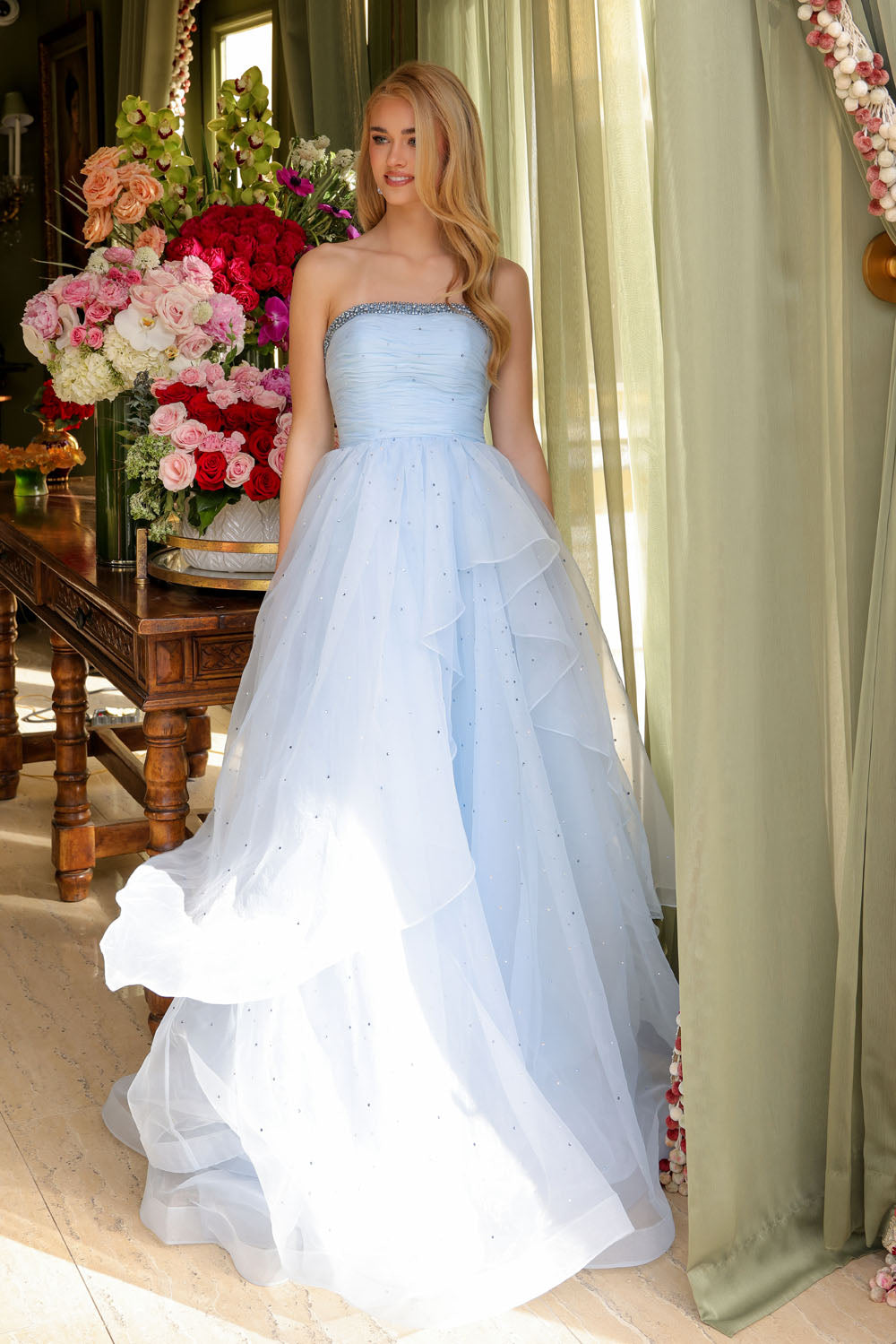 Ava Presley 29524 prom dress images. Ava Presley 29524 is available in these colors: Hot Pink, Light Blue, White, Periwinkle.