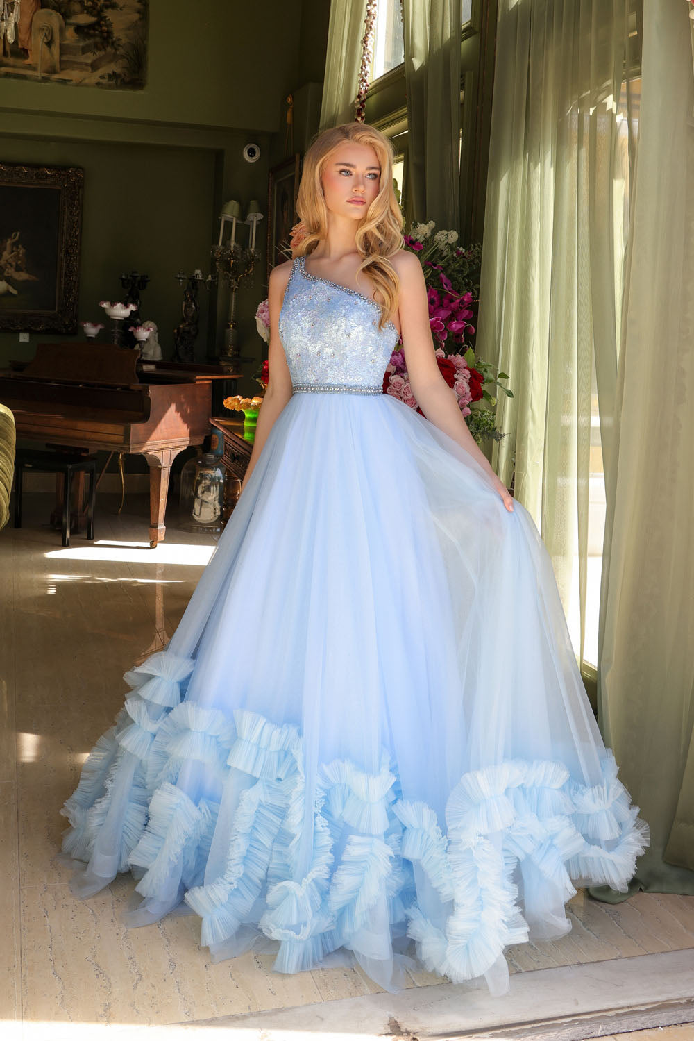 Ava Presley 29527 prom dress images. Ava Presley 29527 is available in these colors: Light Blue, Red, Periwinkle.