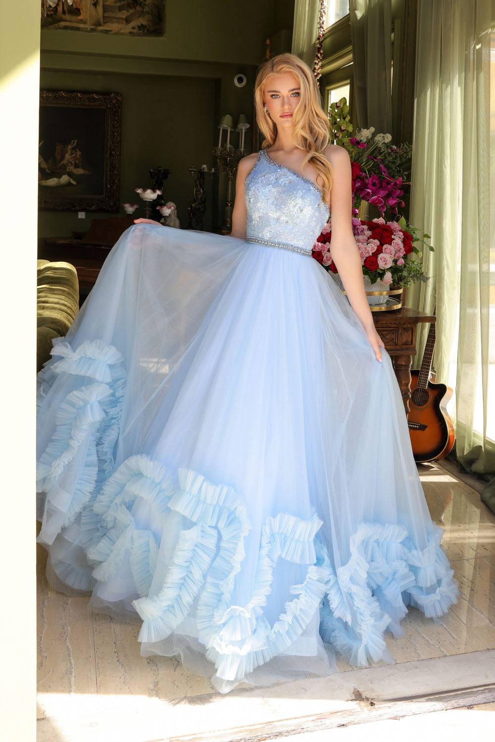 Ava Presley 29527 prom dress images. Ava Presley 29527 is available in these colors: Light Blue, Red, Periwinkle.