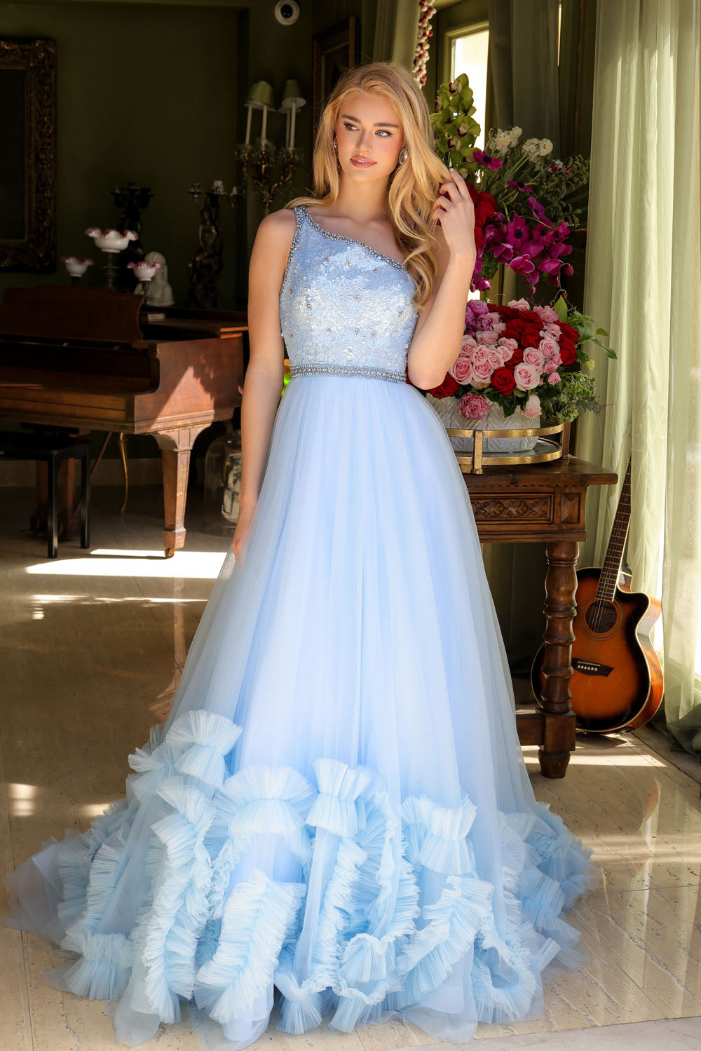 Ava Presley 29527 prom dress images. Ava Presley 29527 is available in these colors: Light Blue, Red, Periwinkle.