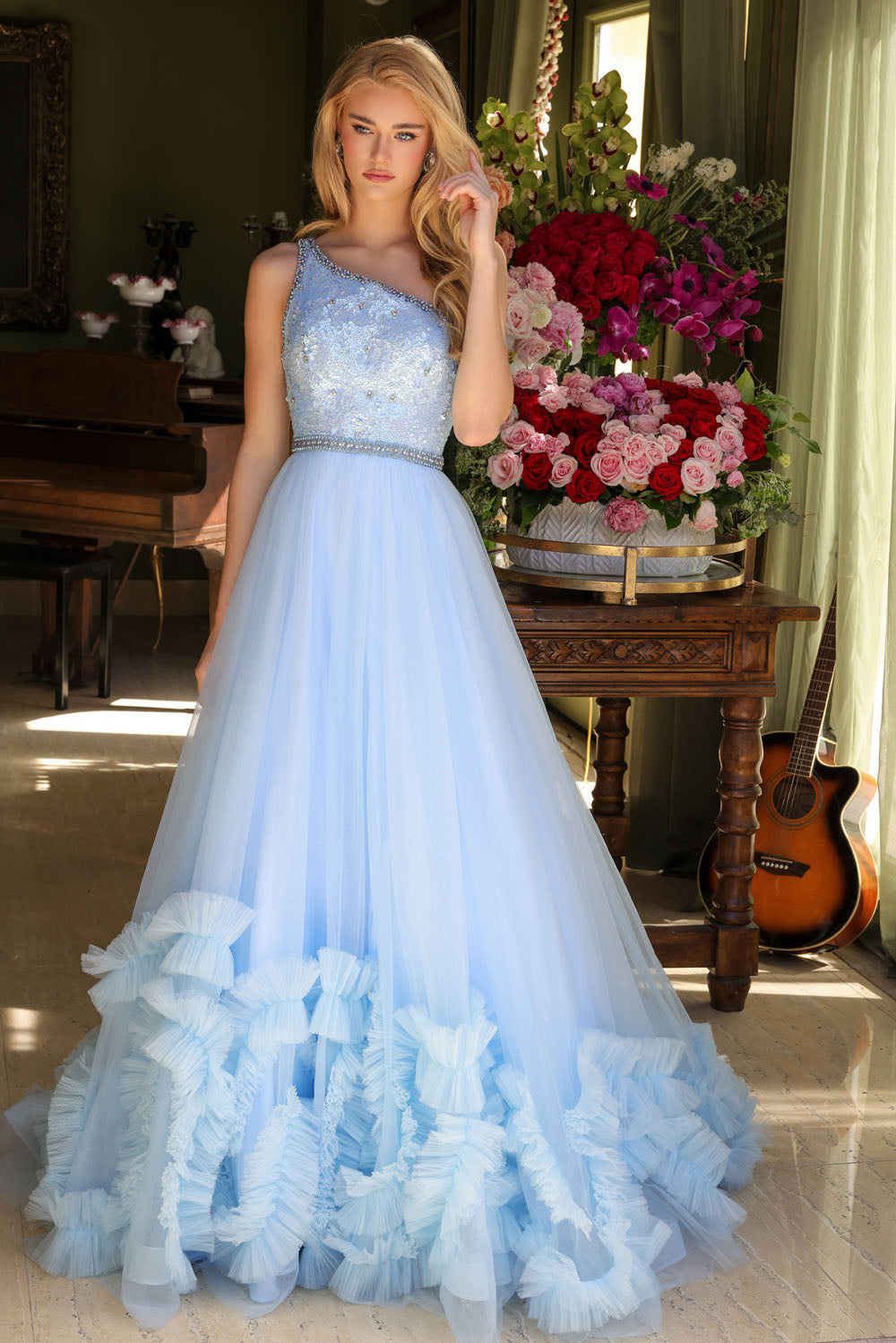 Ava Presley 29527 prom dress images. Ava Presley 29527 is available in these colors: Light Blue, Red, Periwinkle.