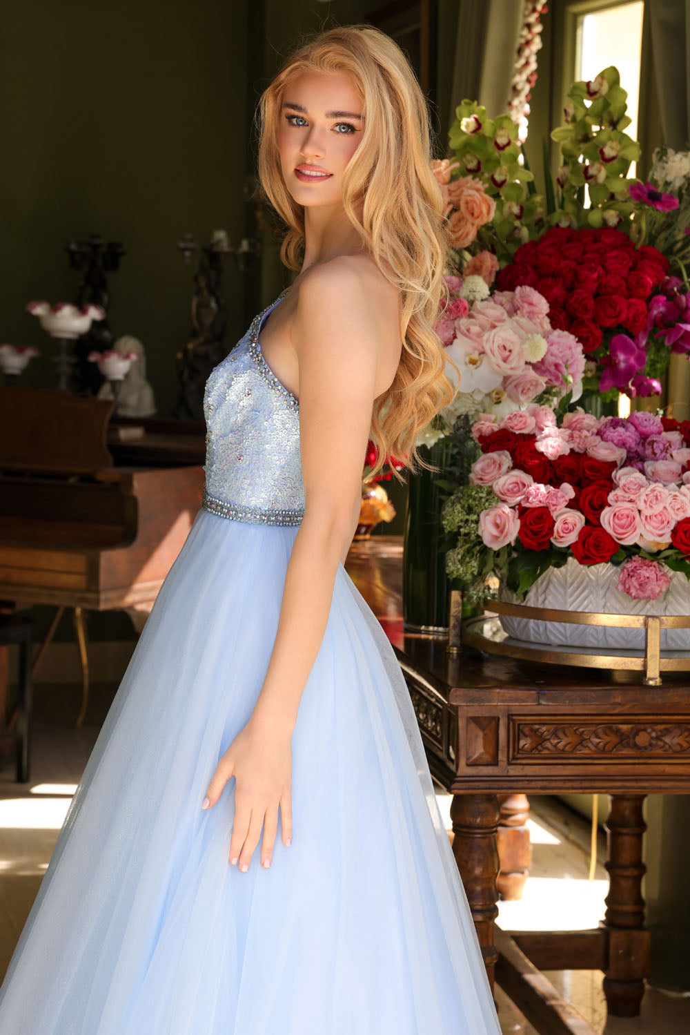 Ava Presley 29527 prom dress images. Ava Presley 29527 is available in these colors: Light Blue, Red, Periwinkle.