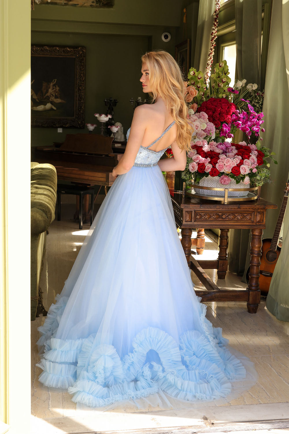 Ava Presley 29527 prom dress images. Ava Presley 29527 is available in these colors: Light Blue, Red, Periwinkle.