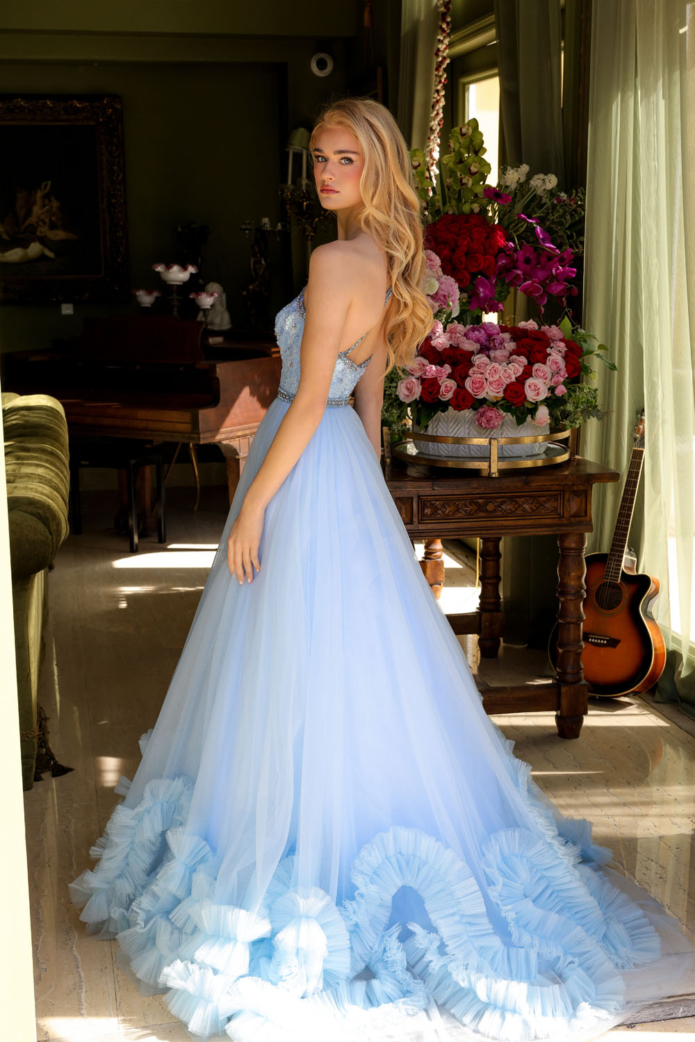 Ava Presley 29527 prom dress images. Ava Presley 29527 is available in these colors: Light Blue, Red, Periwinkle.