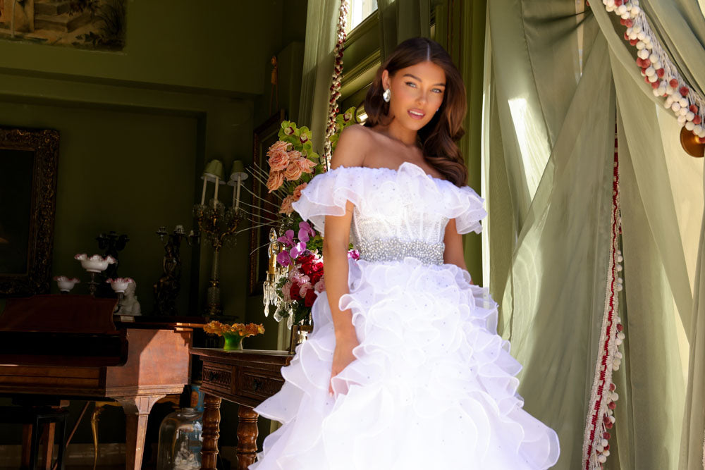 Ava Presley 29533 prom dress images. Ava Presley 29533 is available in these colors: White, Light Blue, Hot Pink.