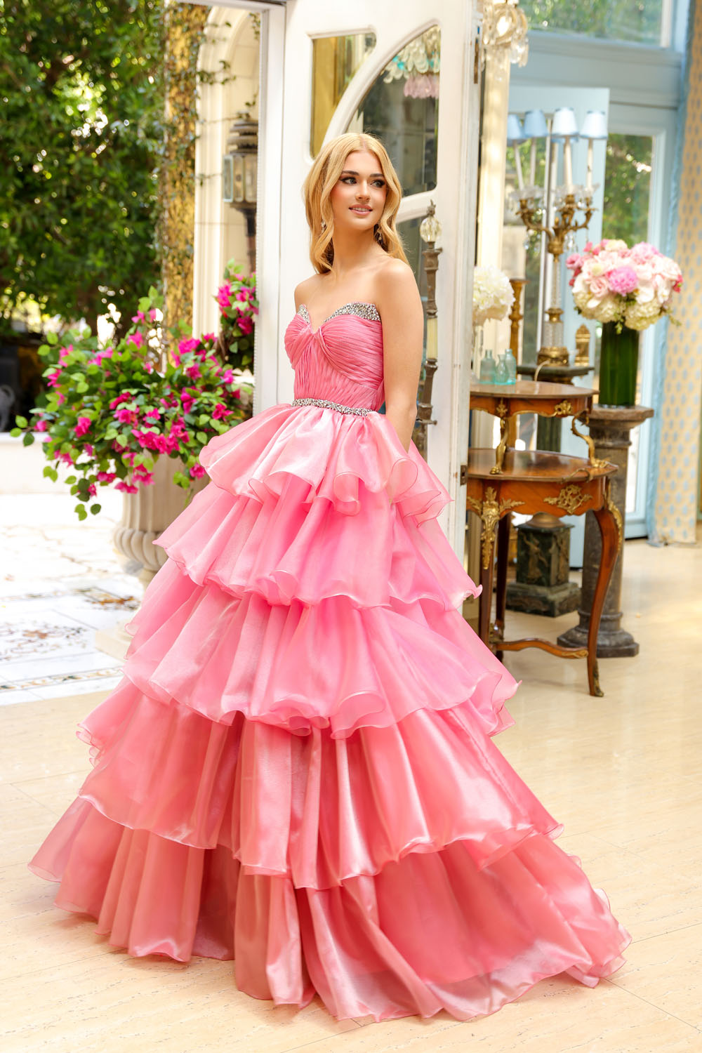 Ava Presley 29546 prom dress images. Ava Presley 29546 is available in these colors: Coral Pink, Sky Blue, Teal.