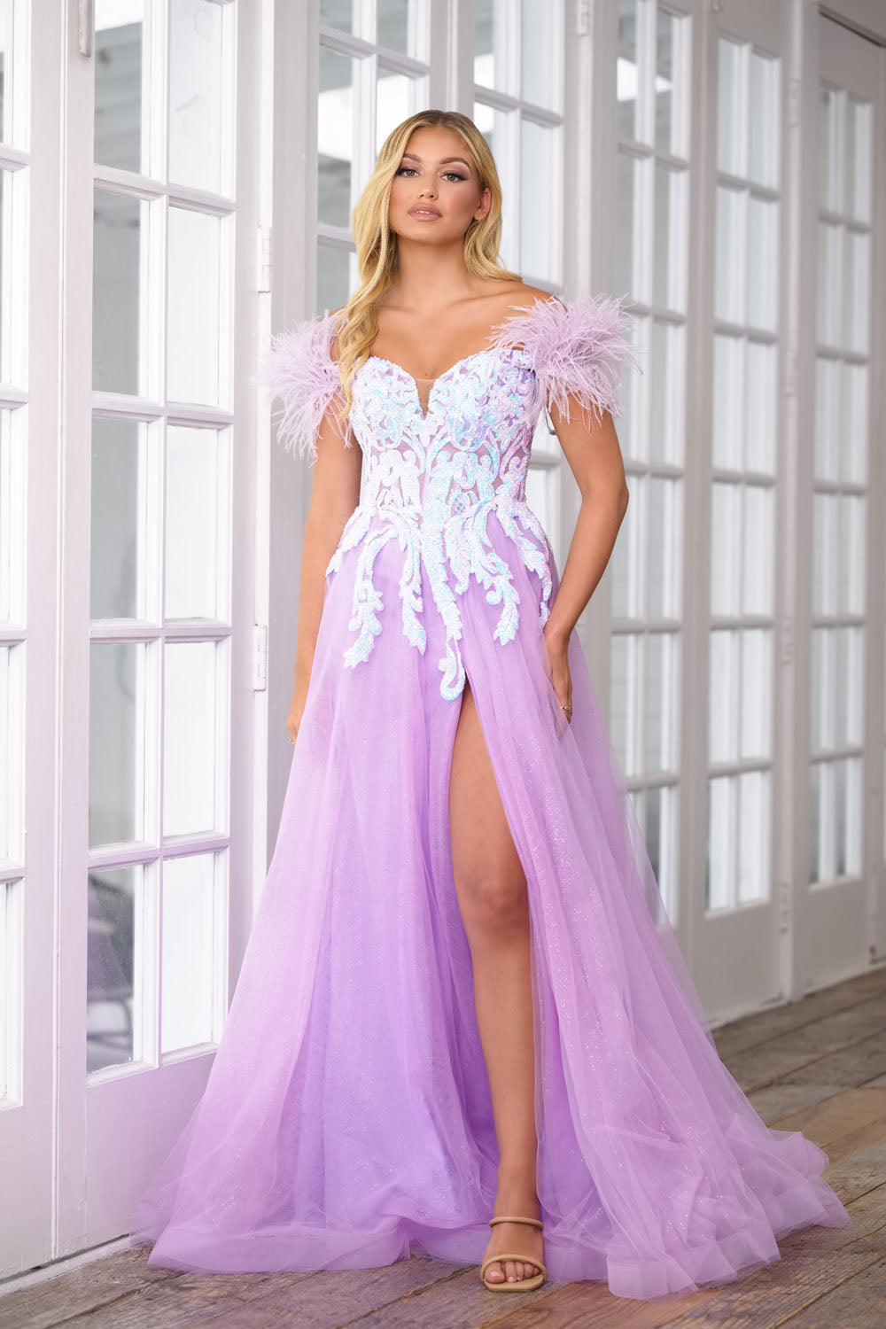 Ava Presley 39213 prom dress images. Ava Presley 39213 is available in these colors: Iridescent Lilac, Iridescent Light Blue.