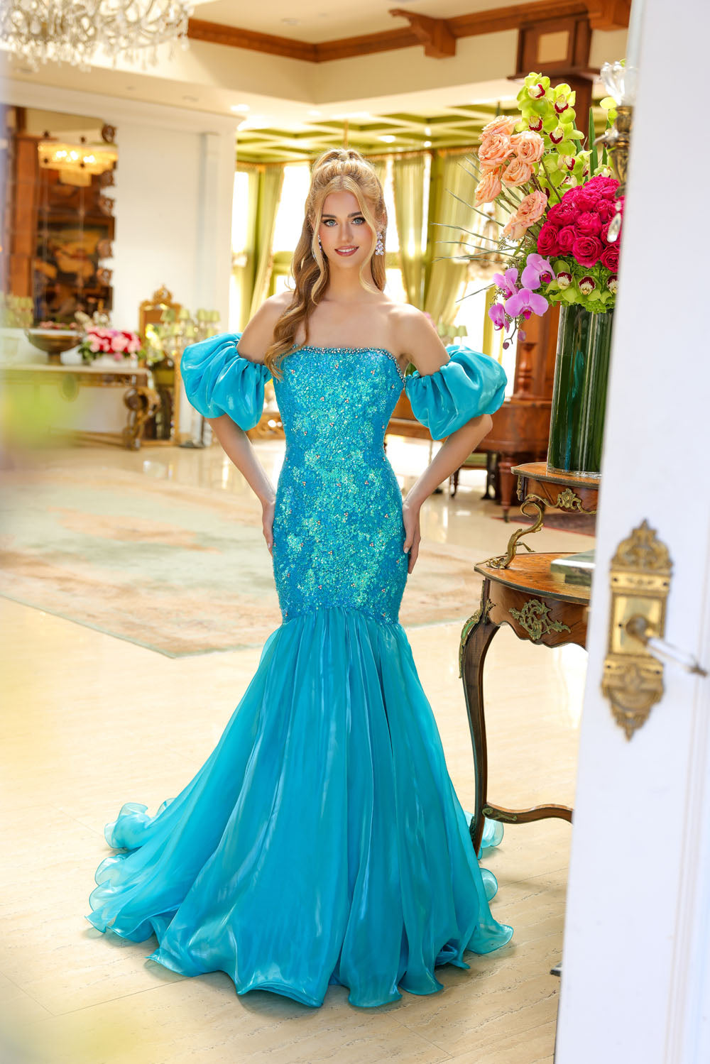 Ava Presley 39570 prom dress images. Ava Presley 39570 is available in these colors: Turquoise, Pink, Black, Coral, Off White, Fuchsia.