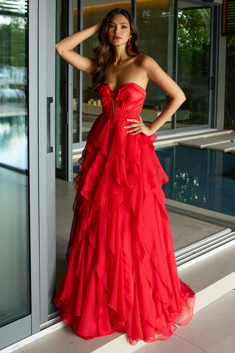 Ava Presley 42209 Red strapless prom dress with ruffled layers and a sweetheart neckline.