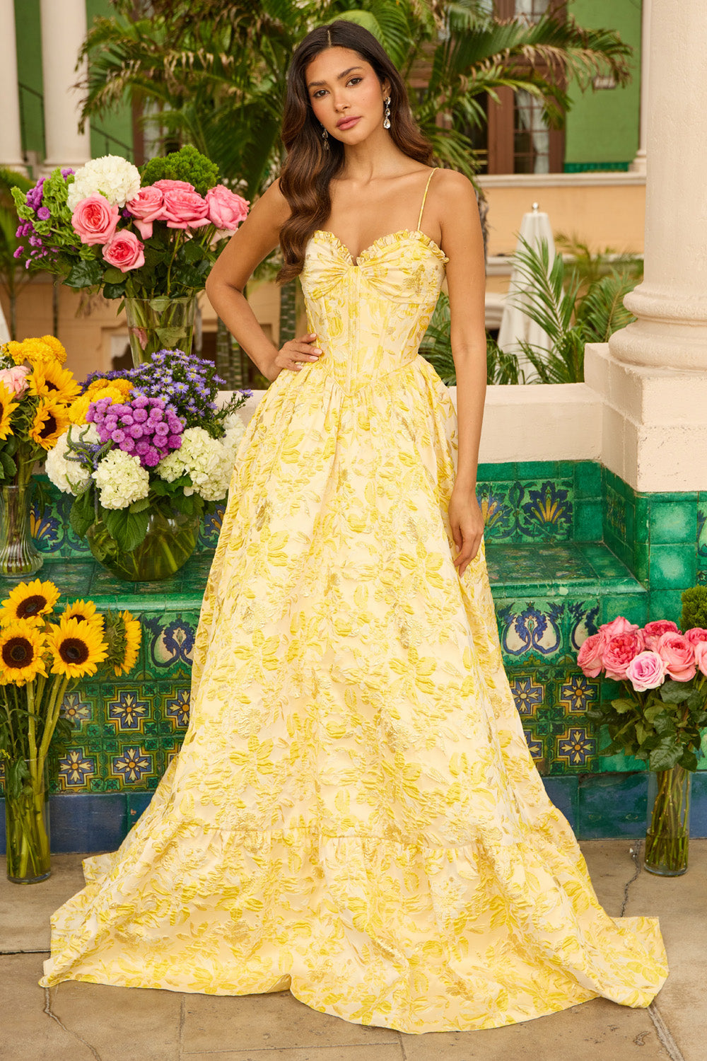 Ava Presley 42312 Yellow A-line prom dress with floral detailing and sweetheart neckline, front view.