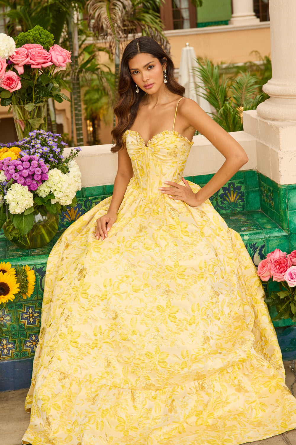 Ava Presley 42312 Yellow ballgown prom dress with floral details and a sweetheart neckline.