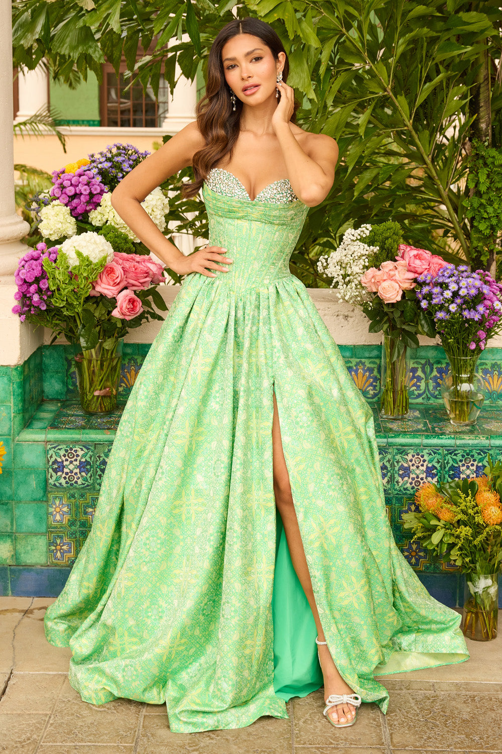 Ava Presley 42318 Green A-line prom dress with a high slit and sparkling beaded bodice.