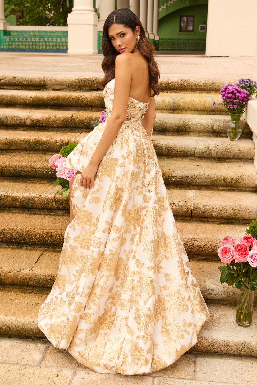 Ava Presley 42344 White and gold ballgown with floral detailing and a side slit, back view prom dress.