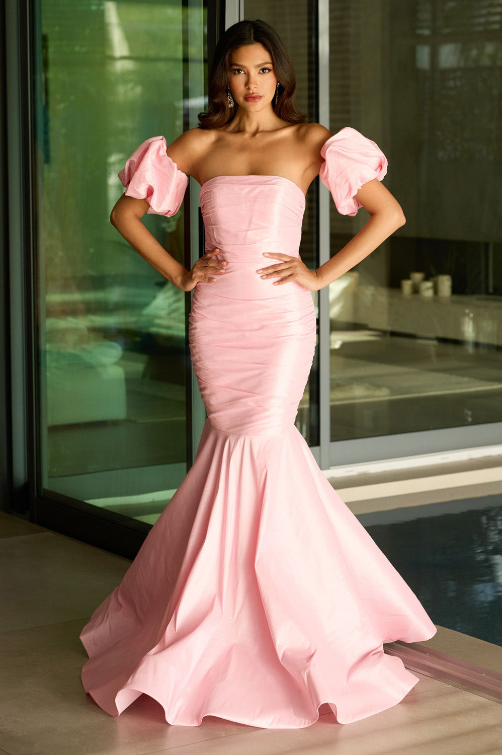 Ava Presley 47172 Blush mermaid prom dress with puff sleeves and a fitted bodice.