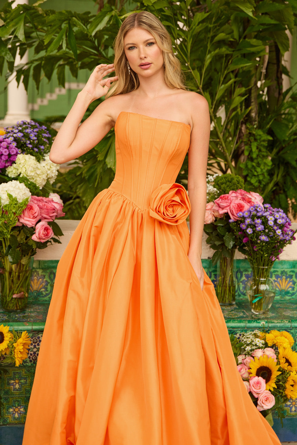 Ava Presley 47204 Strapless orange ballgown with a floral accent and full skirt, perfect for prom prom dress.