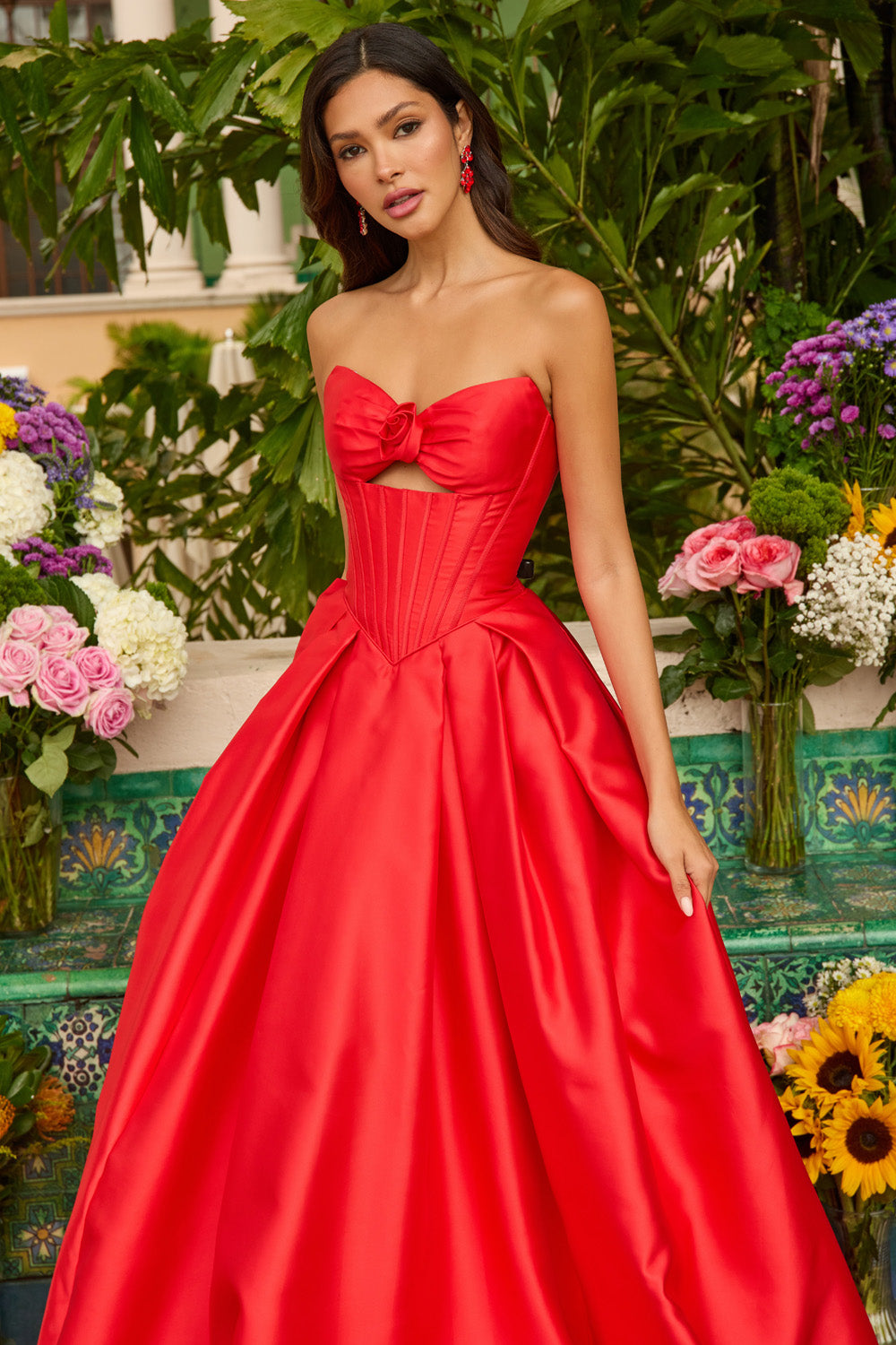 Ava Presley 47223 Red ballgown prom dress with a sweetheart neckline and bow detail.