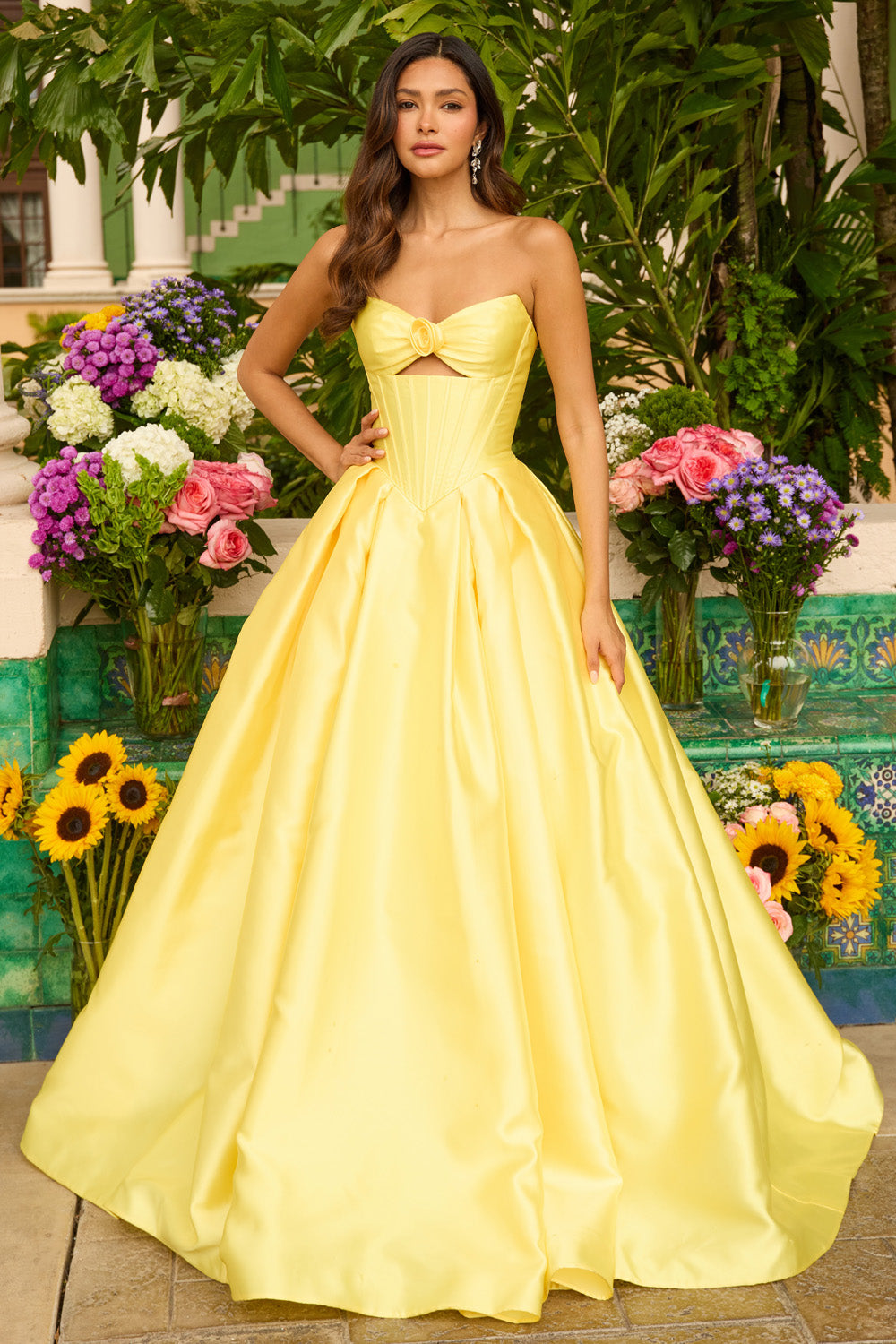 Ava Presley 47223 Yellow ballgown prom dress with a sweetheart neckline and floral detail.