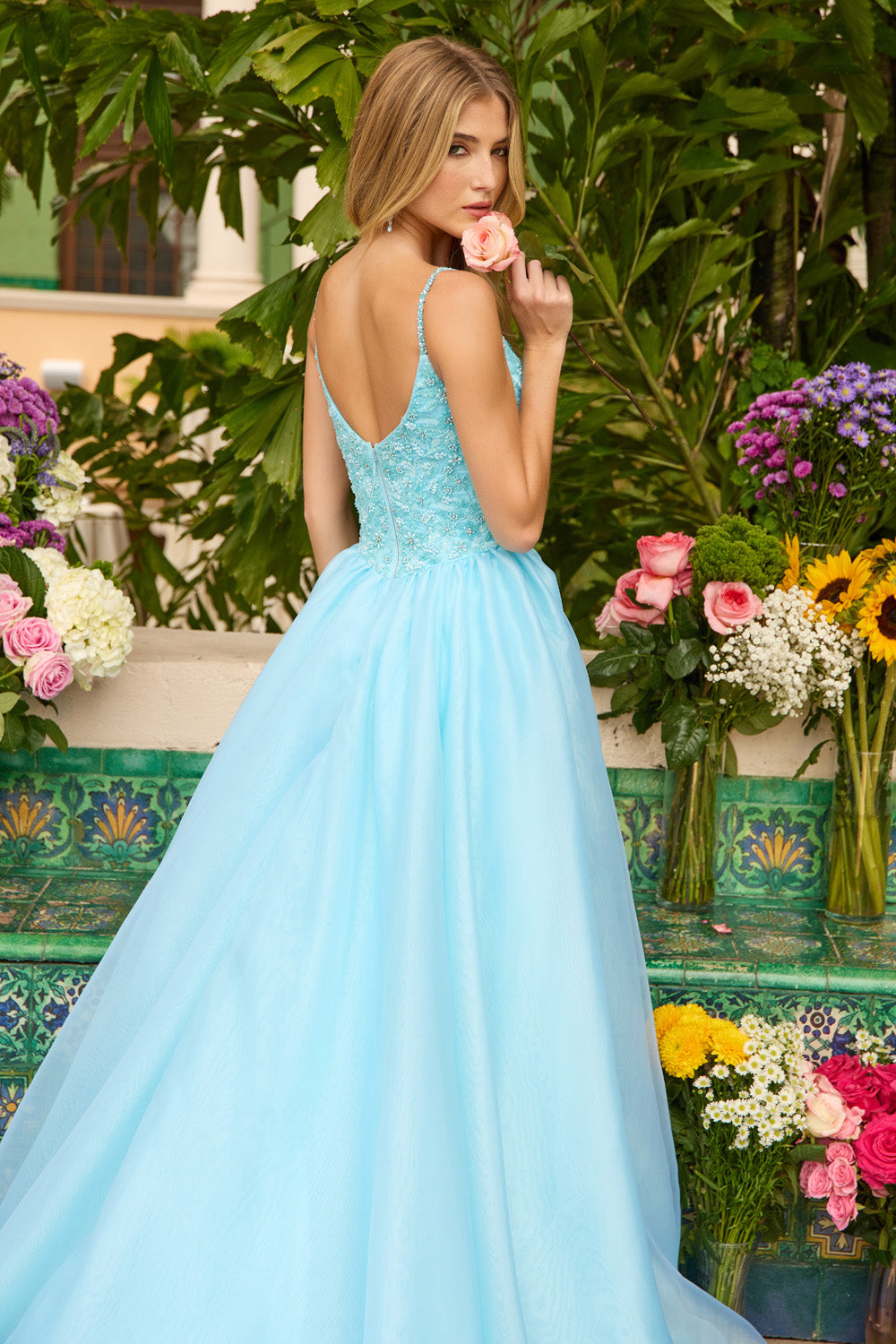 Ava Presley 47242 Light blue A-line prom dress with beaded bodice and open back view.