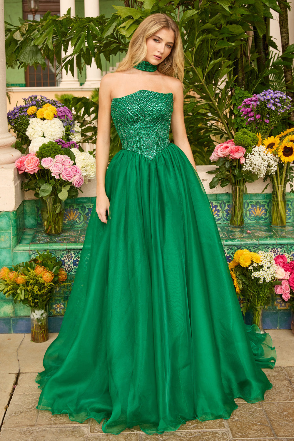 Ava Presley 47255 Emerald A-line prom dress with beaded bodice and strapless neckline.