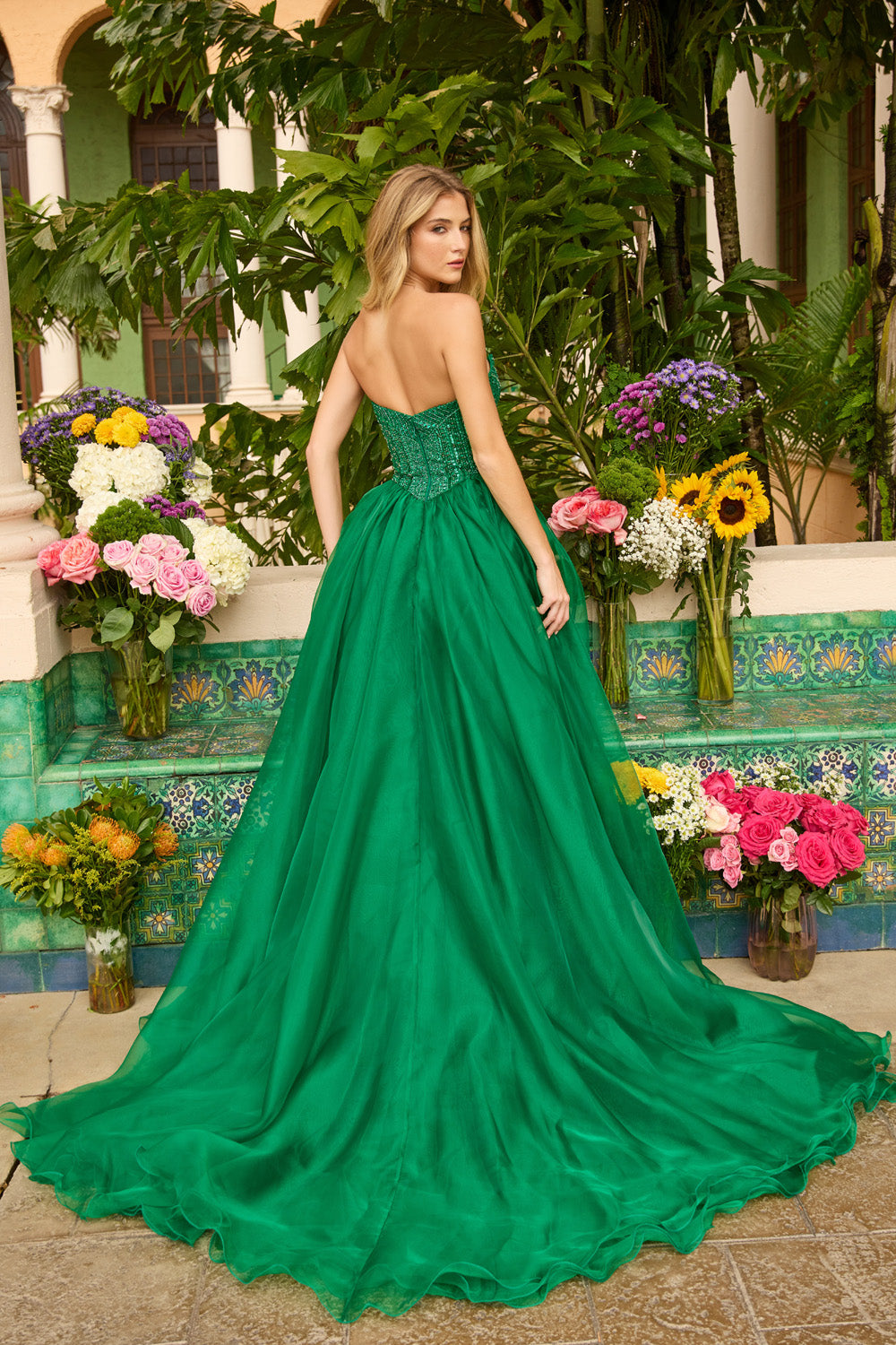 Ava Presley 47255 Emerald ballgown with a corset back and flowing train, perfect for prom prom dress.