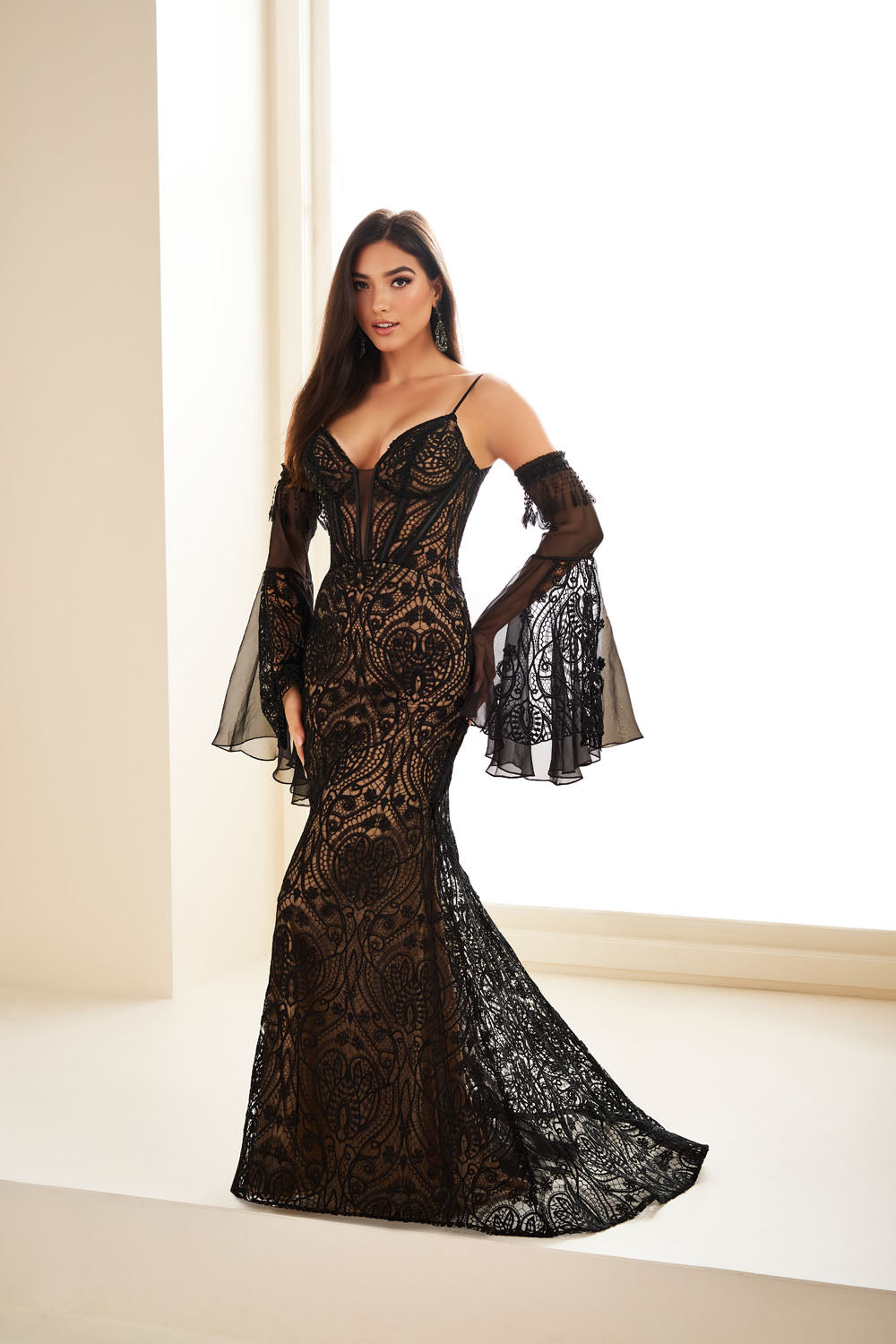 Ellie Wilde EW36030 mermaid prom dress images. Ellie Wilde EW36030 is available in these colors: Ivory Nude, Red, Royal Blue, Black Nude.