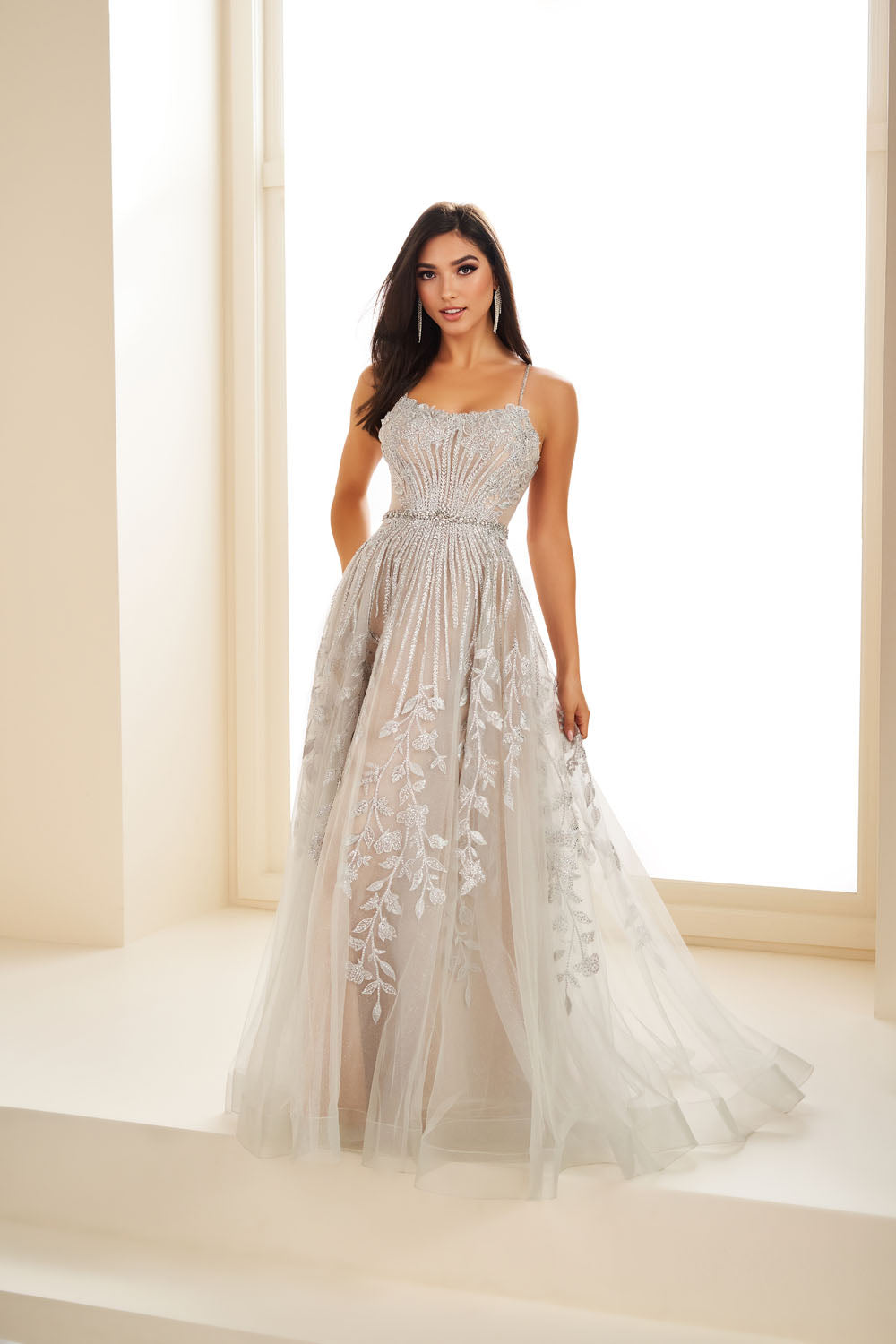Ellie Wilde EW36068 a-line prom dress images. Ellie Wilde EW36068 is available in these colors: Emerald, Strawberry, Silver Nude, Lilac, Fuschia.